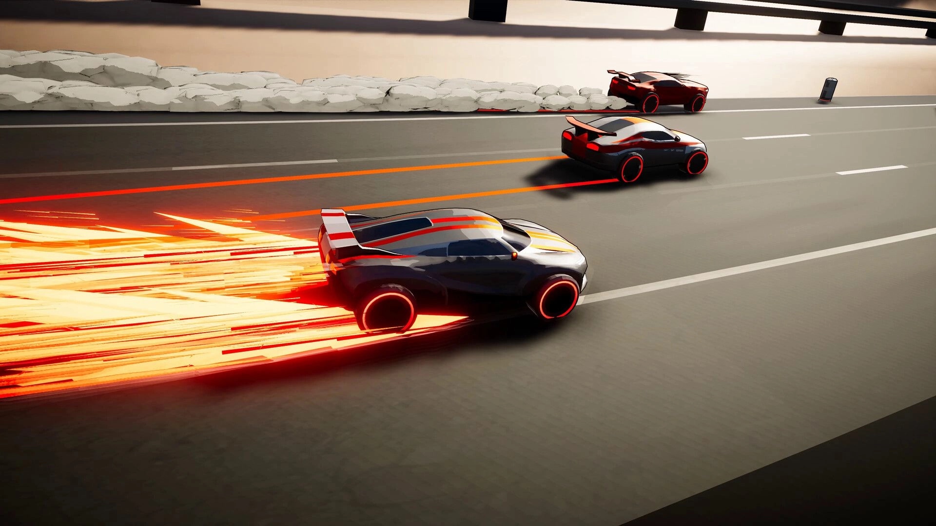 Speed Demons 2: High-speed race with three cars on a highway, leaving fiery trails behind them