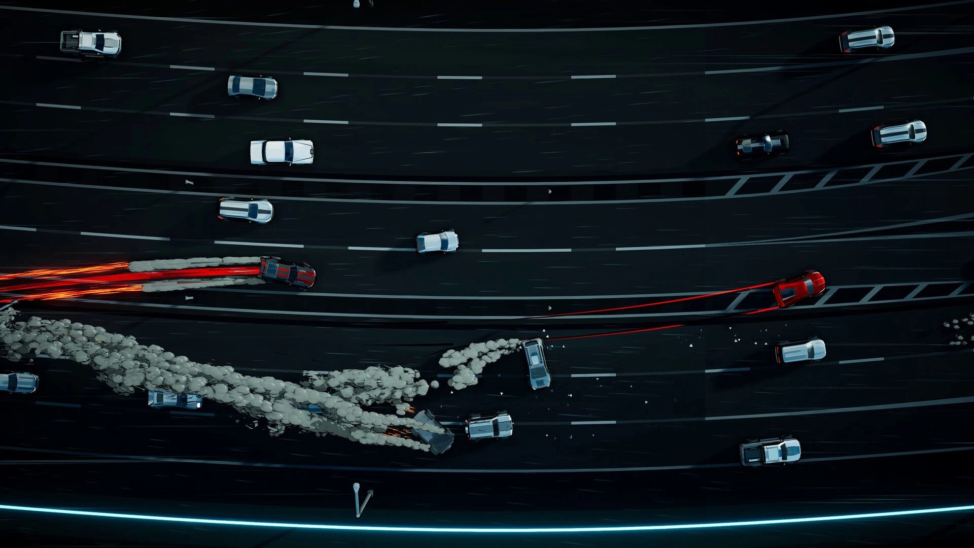 Speed Demons 2: Red car dodging traffic with smoke trails on a multi-lane highway at night