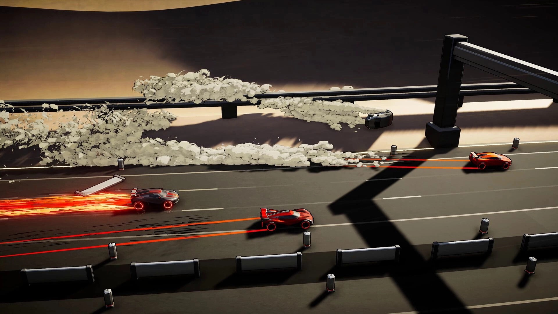 Speed Demons 2: Three cars racing on a highway with smoke trails and barriers in a desert setting