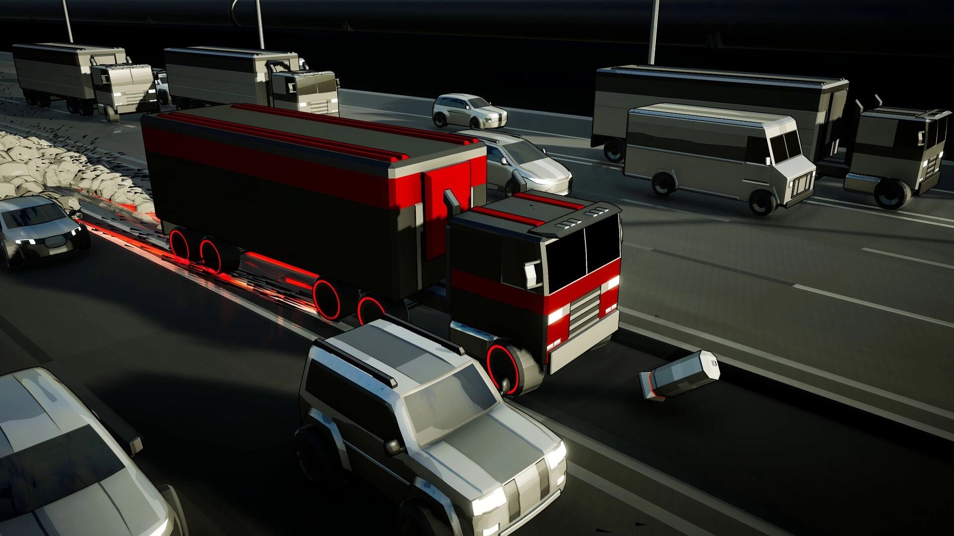 Speed Demons 2: High-speed truck chase dodging traffic on a busy multi-lane highway at night
