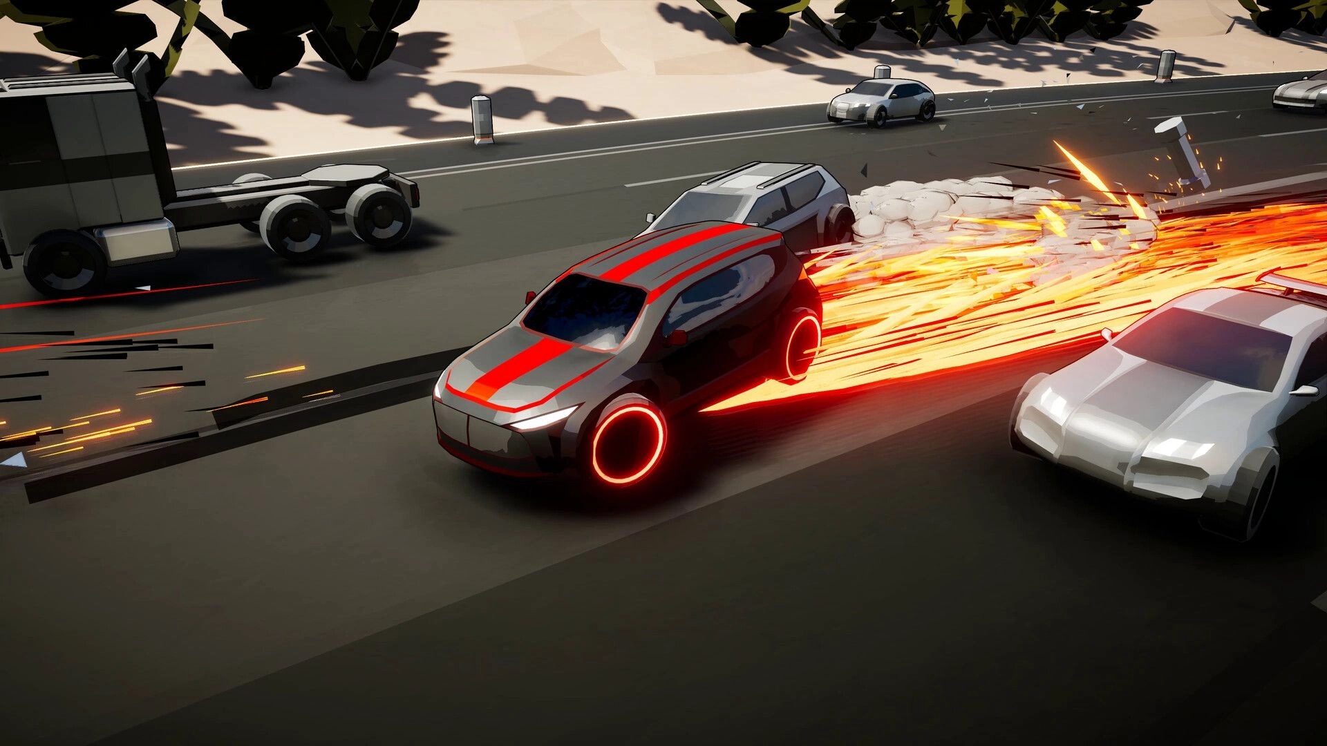 Speed Demons 2: High-speed car race with fiery trails on a busy highway amidst intense traffic