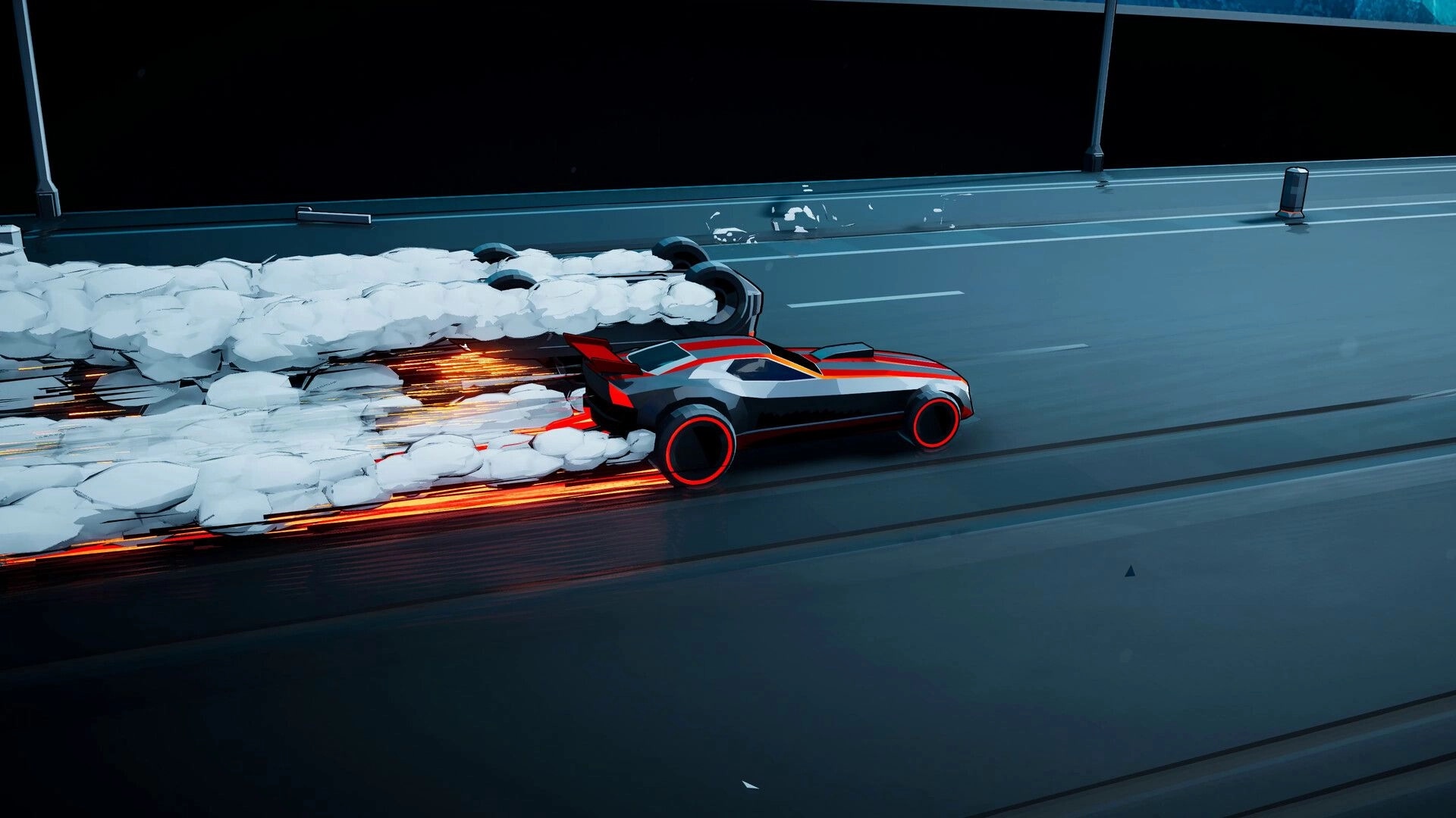 Speed Demons 2: High-speed race with a sleek sports car on a futuristic highway, leaving smoke trails
