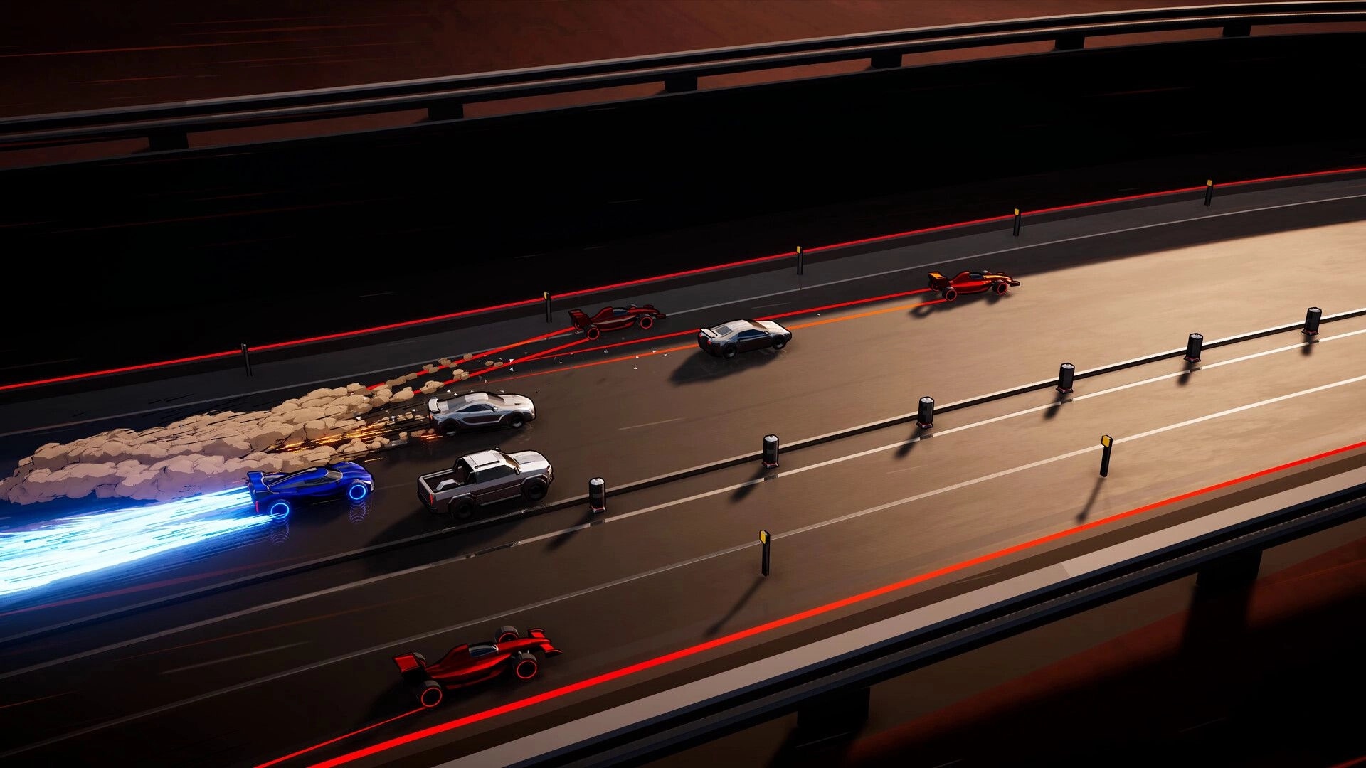 Speed Demons 2: High-speed race with neon trails and debris on a multi-lane highway at night