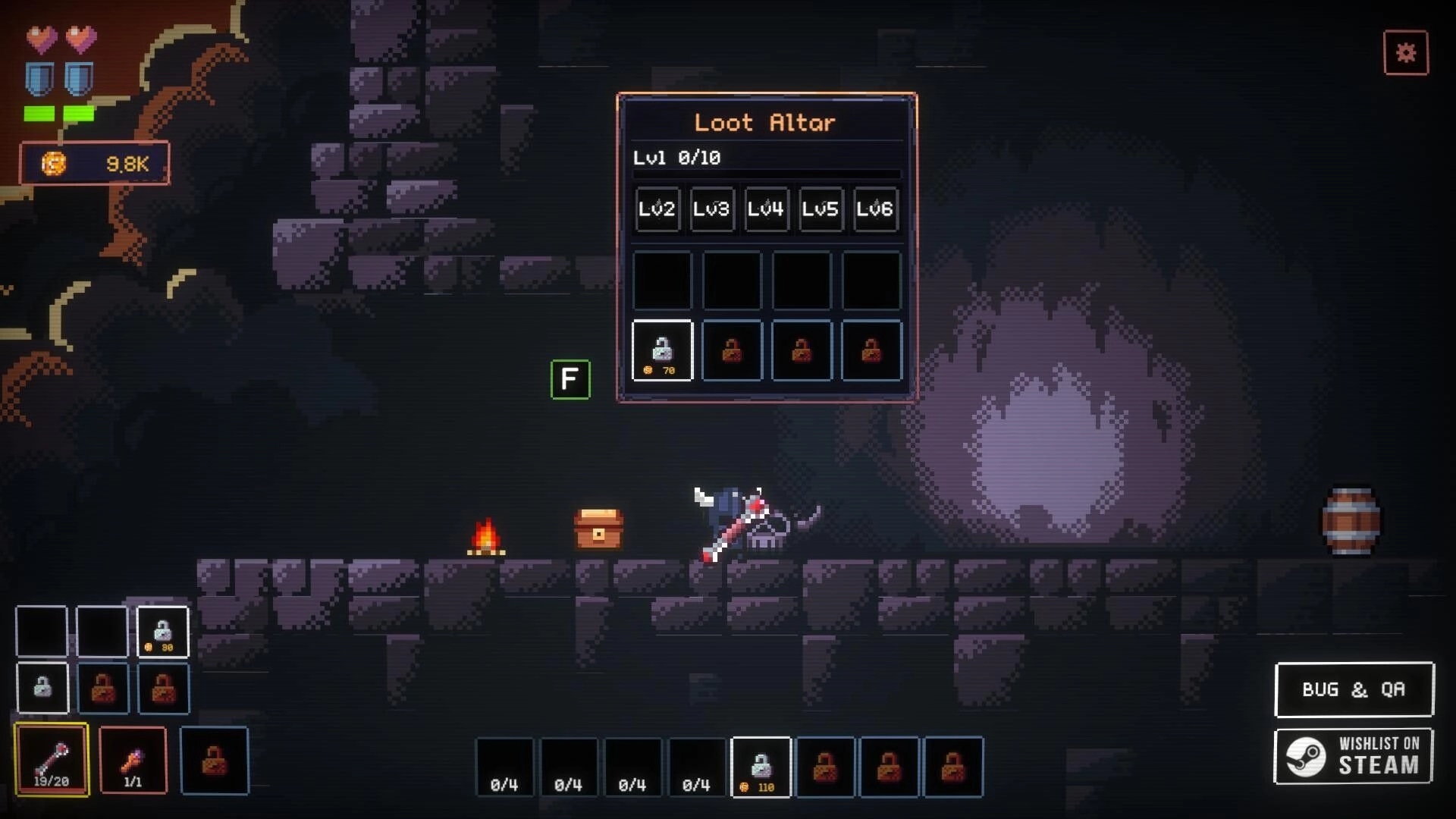 Spell Knight: Loot Altar upgrade menu open over knight in a dark cave with hearts, coins, hotbar UI.