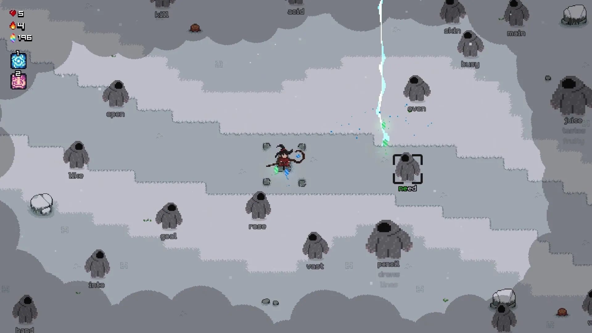 Spell Wizard: Player casting spells at enemies by typing words on a snowy battlefield with health bars