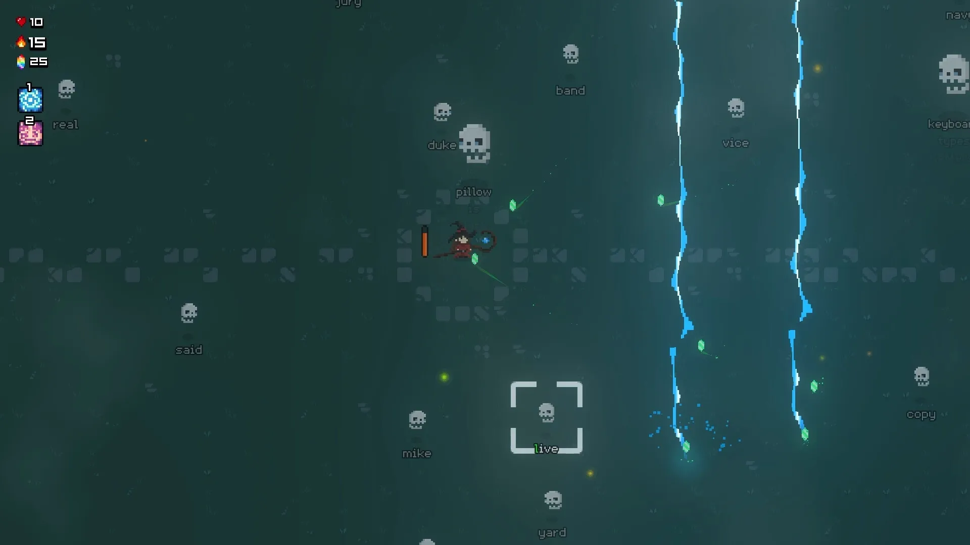 Spell Wizard: Character casting spells by typing words in a dark, eerie battlefield with floating skulls