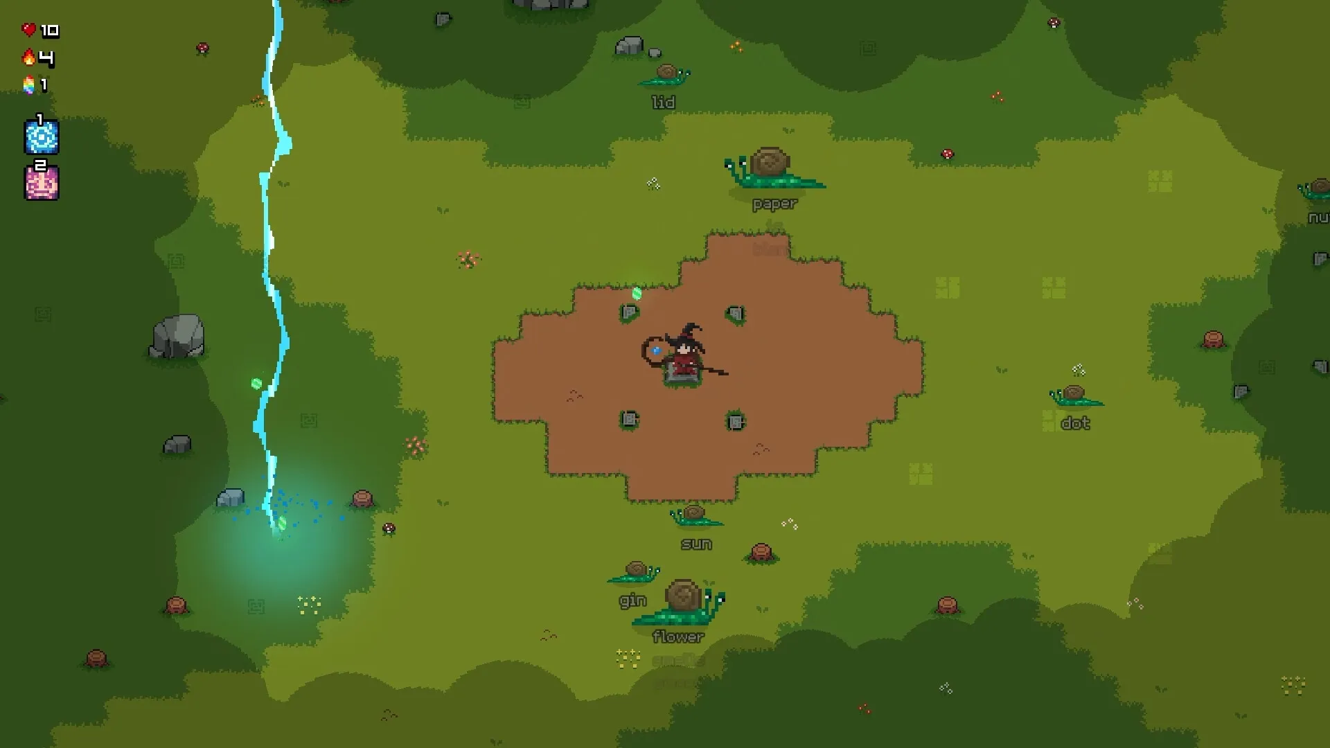 Spell Wizard: Wizard battles snails by typing words in a forest with glowing blue energy effects nearby