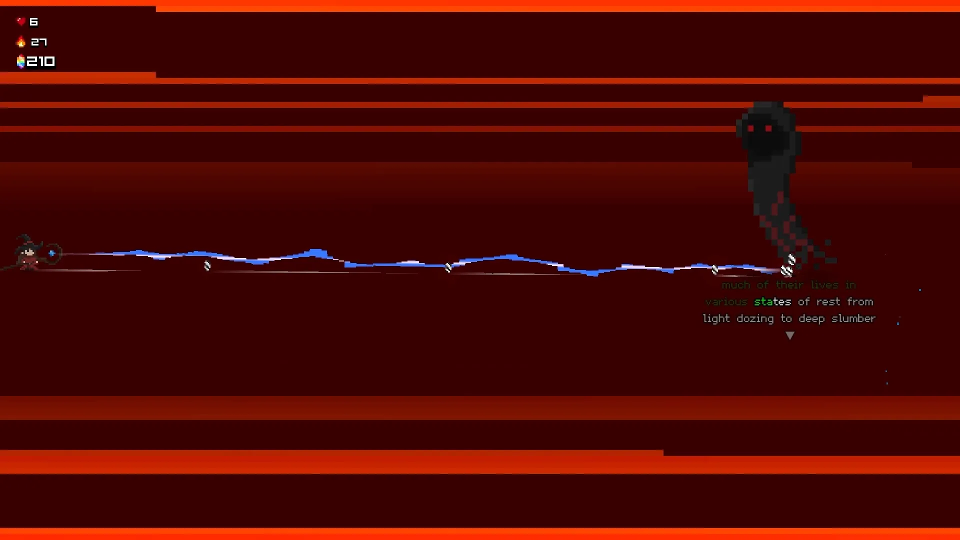 Spell Wizard: Character battles shadowy enemy by typing words in a horizontal scrolling red environment