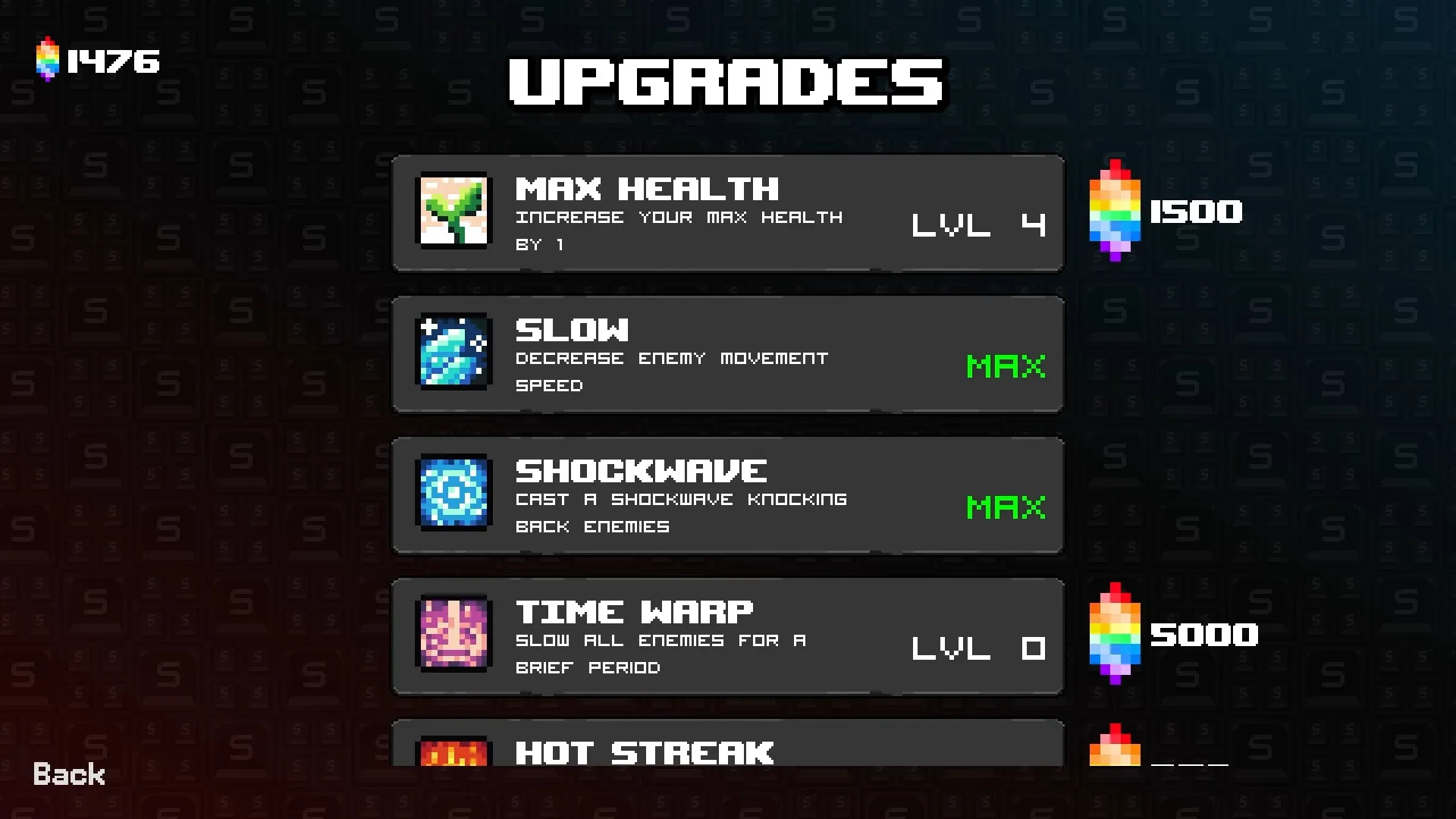Spell Wizard: Upgrade menu with options for health, slow, shockwave, and time warp spells displayed.