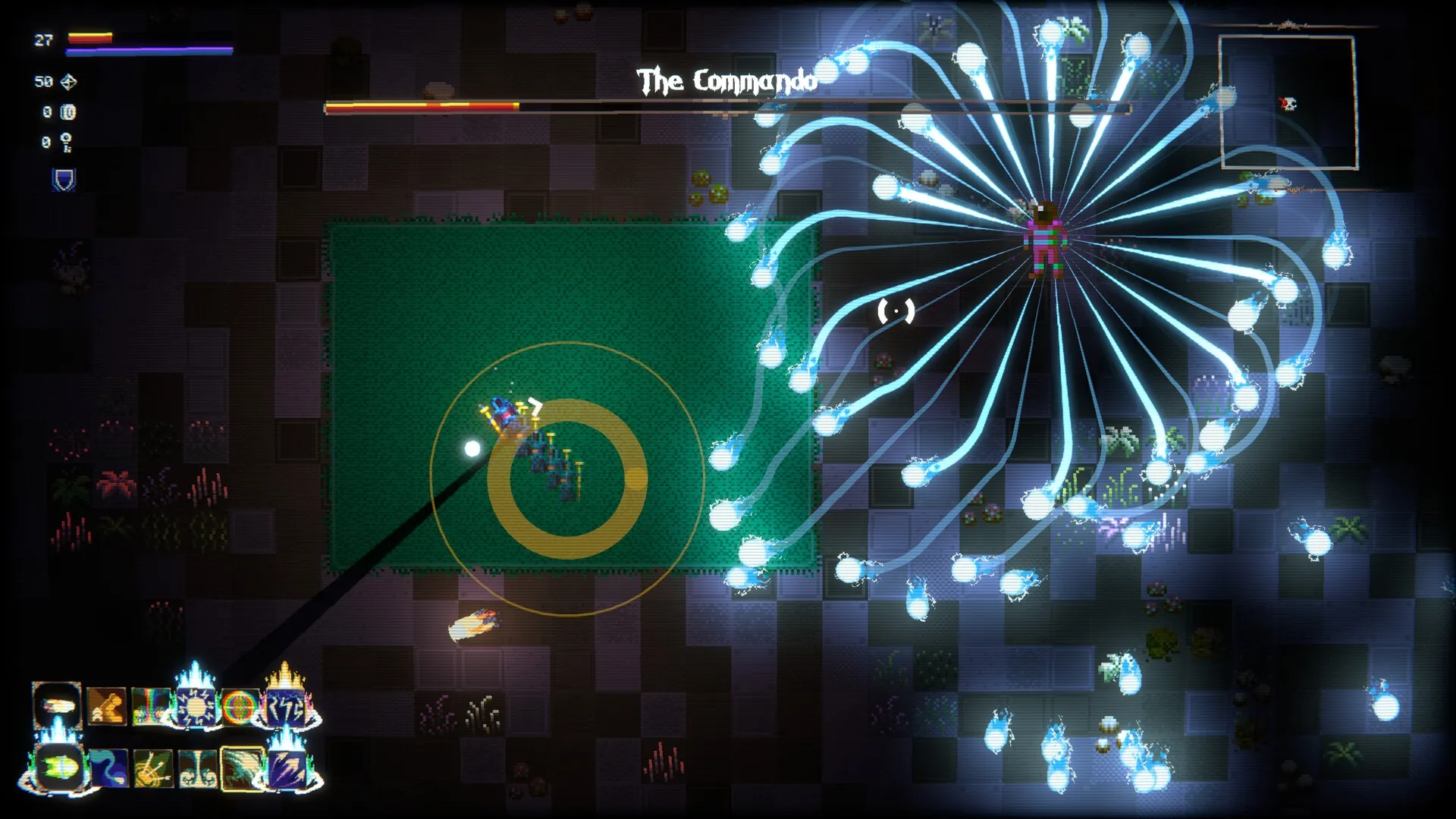spellloom: Player battles The Commando boss with spell attacks in a dungeon, UI shows health and spells
