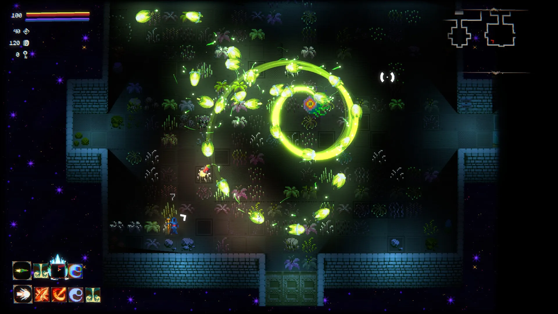 spellloom: Spellweaver conjures glowing green spells in a dark dungeon with a mini-map and health bar visible