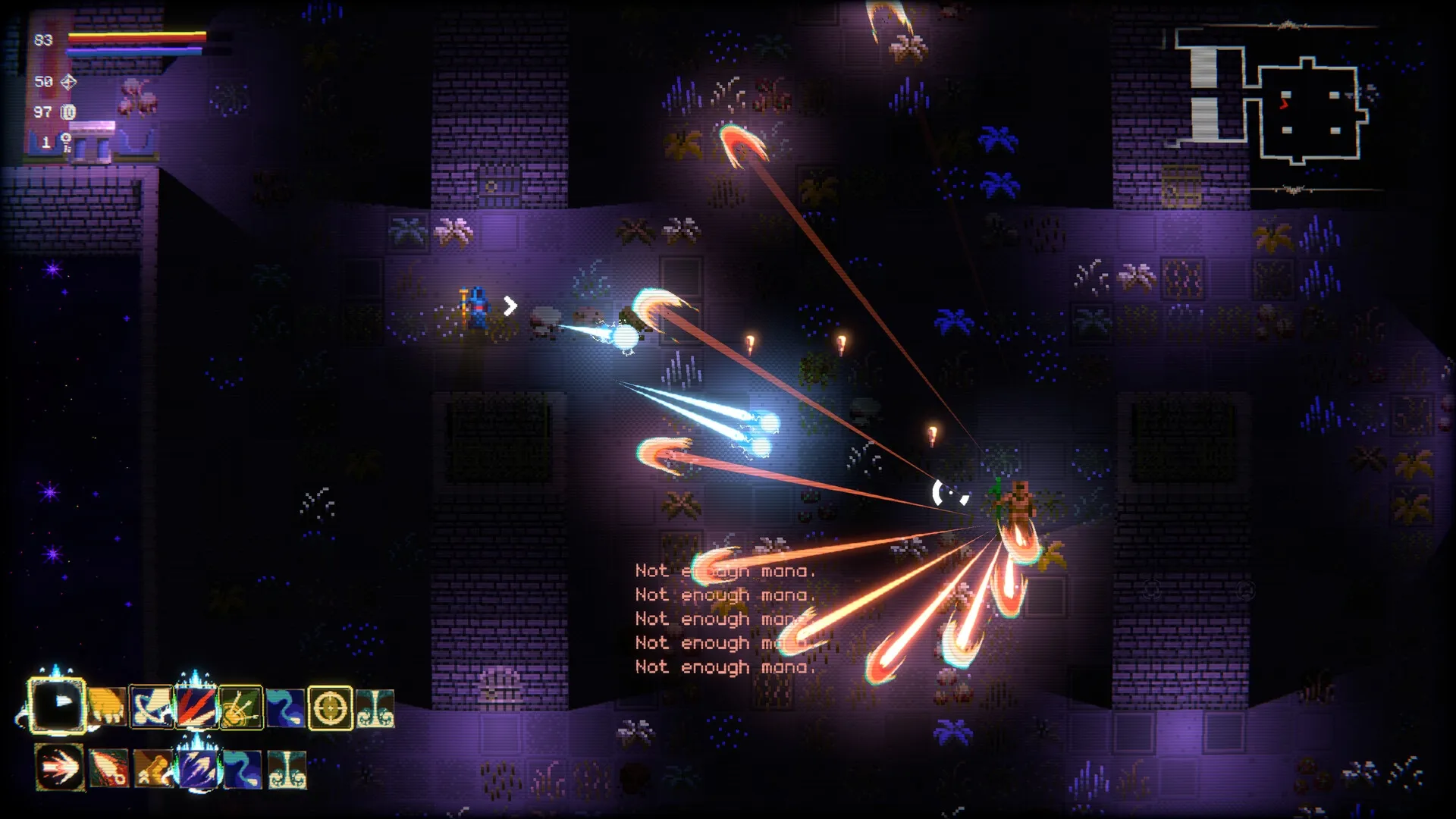 spellloom: Player casting spells in dark dungeon with mana warning and enemy projectiles on screen