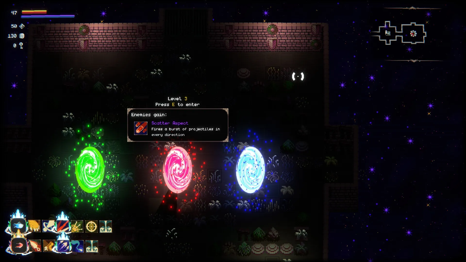 spellloom: Three glowing portals in a dark dungeon with level info and spell icons on the bottom left