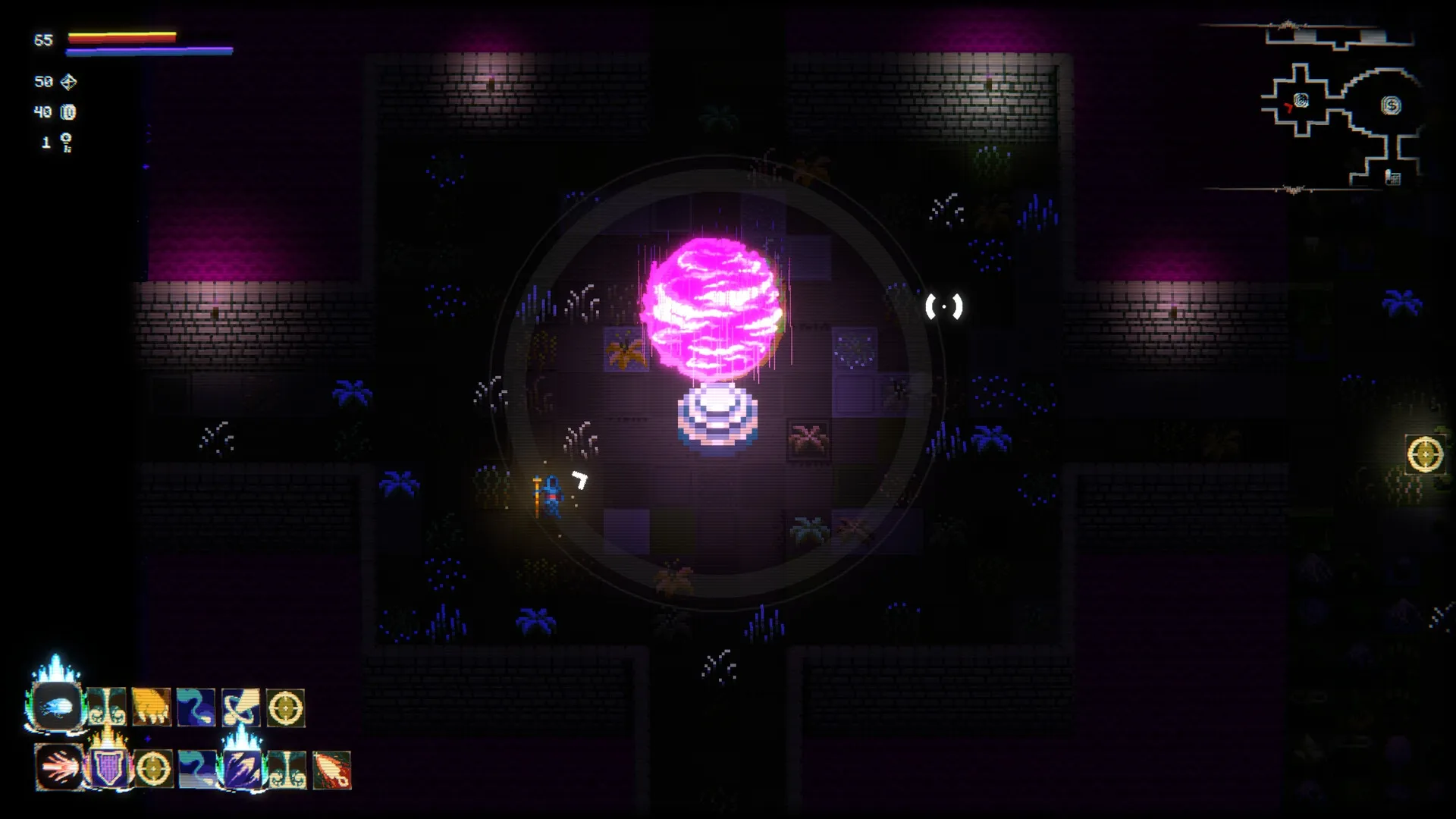 spellloom: Spellweaver approaches a glowing pink orb in a dark dungeon with a visible mini-map and HUD.
