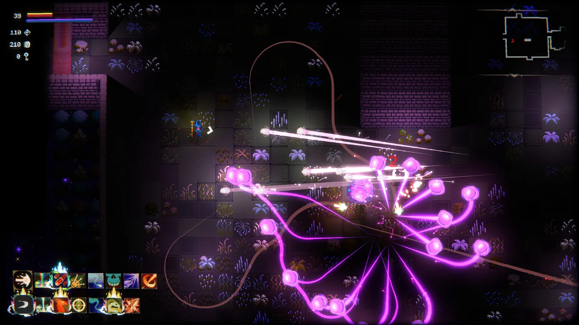 spellloom: Spellweaver casts luminous spells in a dark dungeon with a visible health and magic bar UI