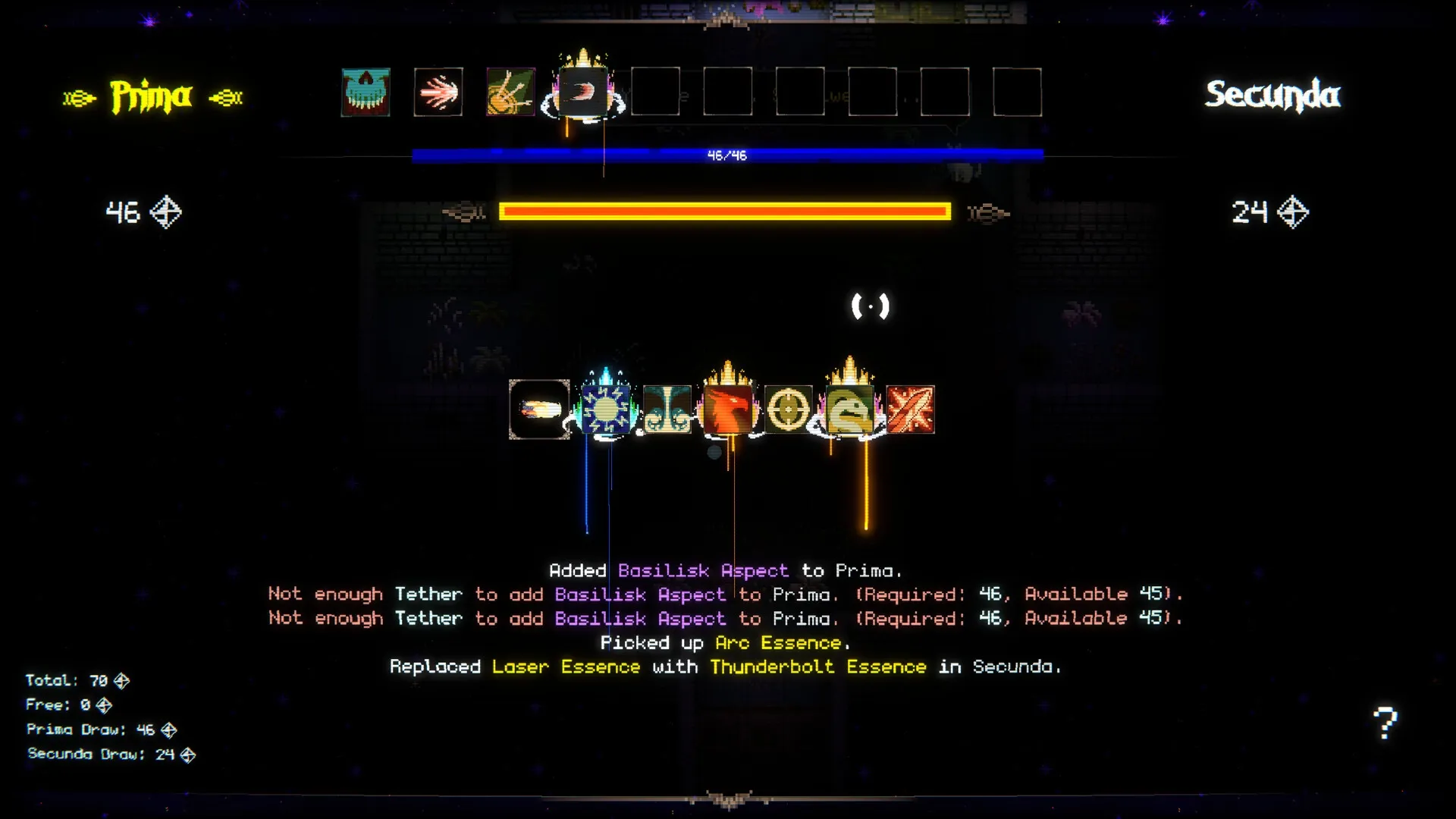 spellloom: Inventory menu with spell icons and resource stats in a dark dungeon setting