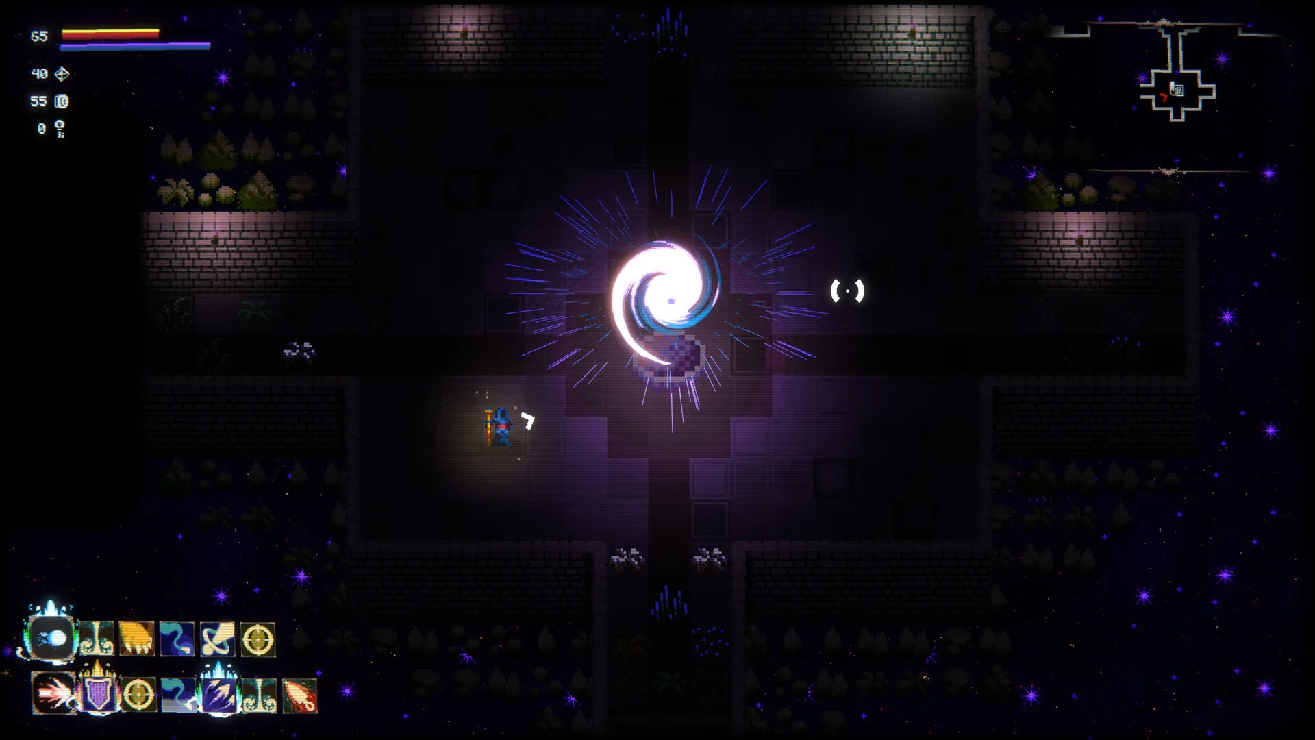 spellloom: Player confronts swirling portal in dark dungeon, spell icons and health bars shown on screen