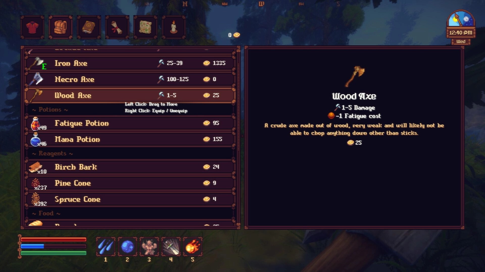 Spellogger: Inventory menu selecting Wood Axe with stats and item list over a blurred forest backdrop.
