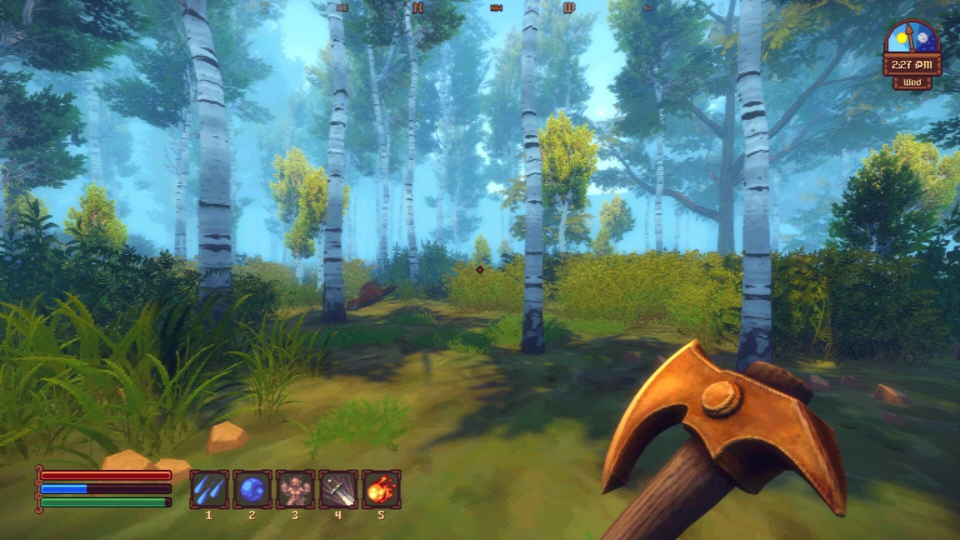 Spellogger: First-person axe ready on forest path with spell hotbar, health bars, and clock UI.
