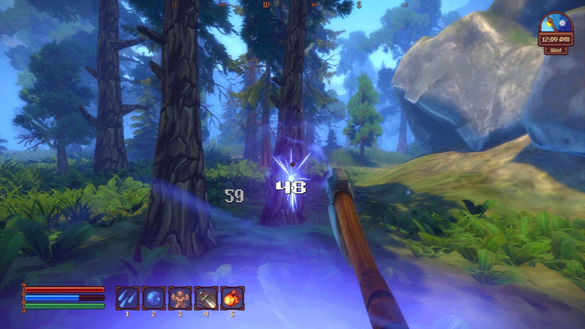 Spellogger: First-person axe strike on a glowing tree with damage numbers in a misty forest path.