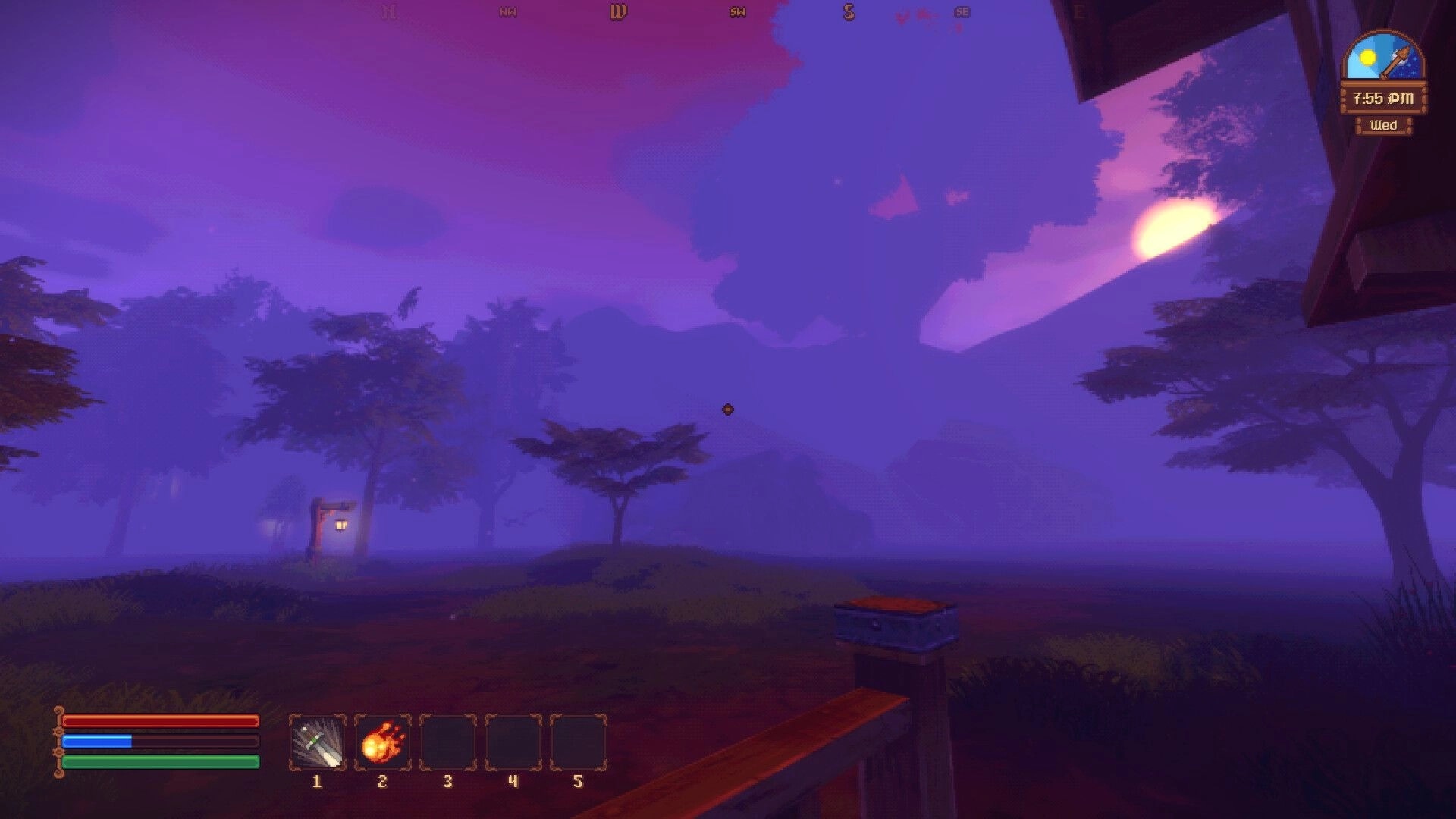 Spellogger: First-person view of misty lakeside at sunset with hotbar and 7:55 pm clock UI.
