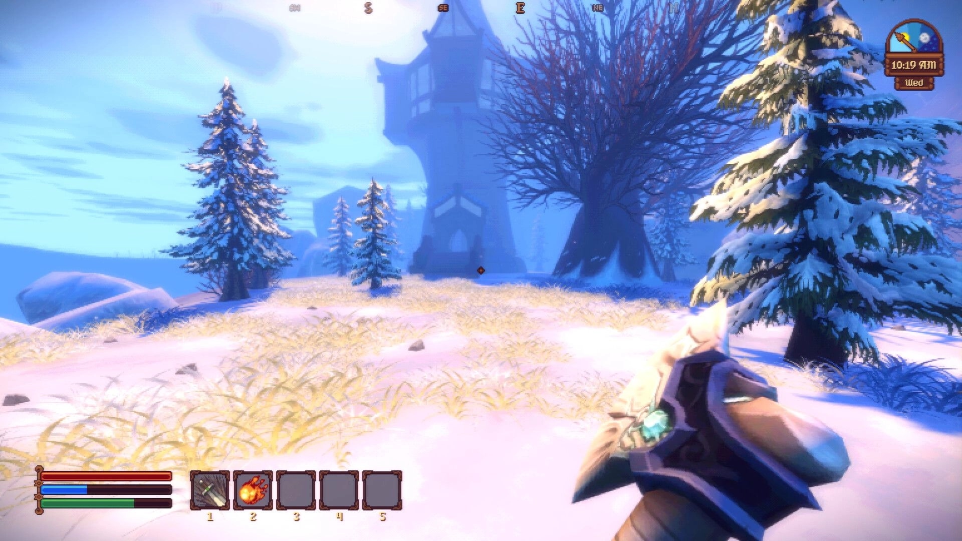 Spellogger: First-person view holding an axe in snowy forest clearing near tall tower, HUD visible.