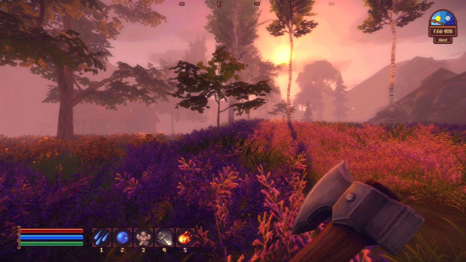Spellogger: First-person view holding an axe in a sunset meadow, HUD bars and spell hotbar visible.