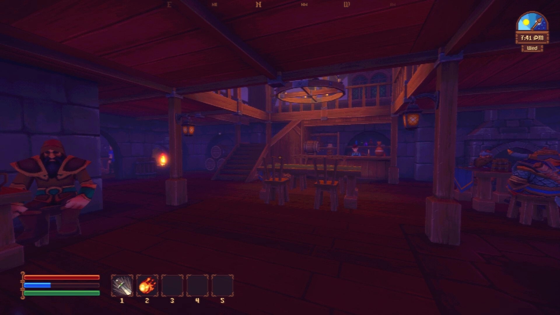 Spellogger: Tavern interior with seated patrons and bartender, hotbar and time UI at night.
