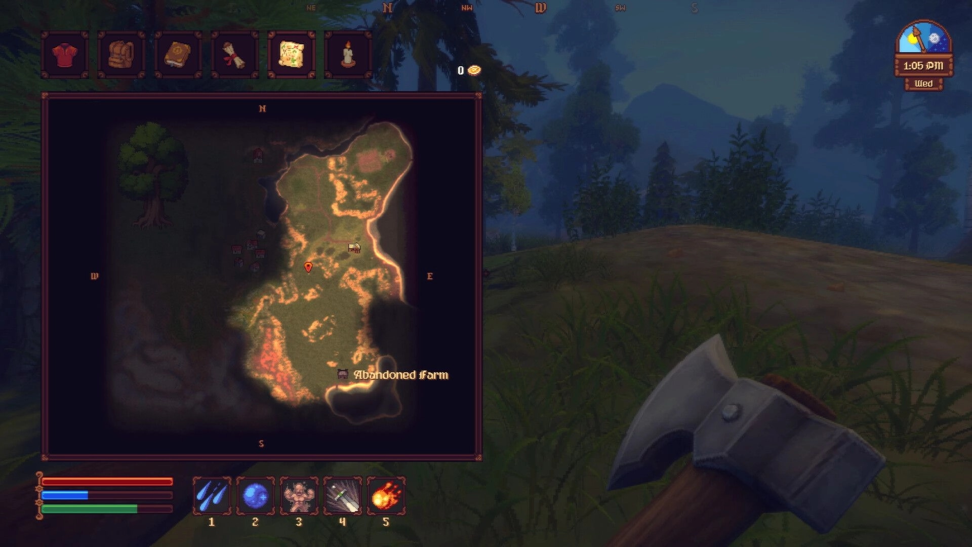 Spellogger: World map open with Abandoned Farm marker and hotbar UI over misty forest hills.