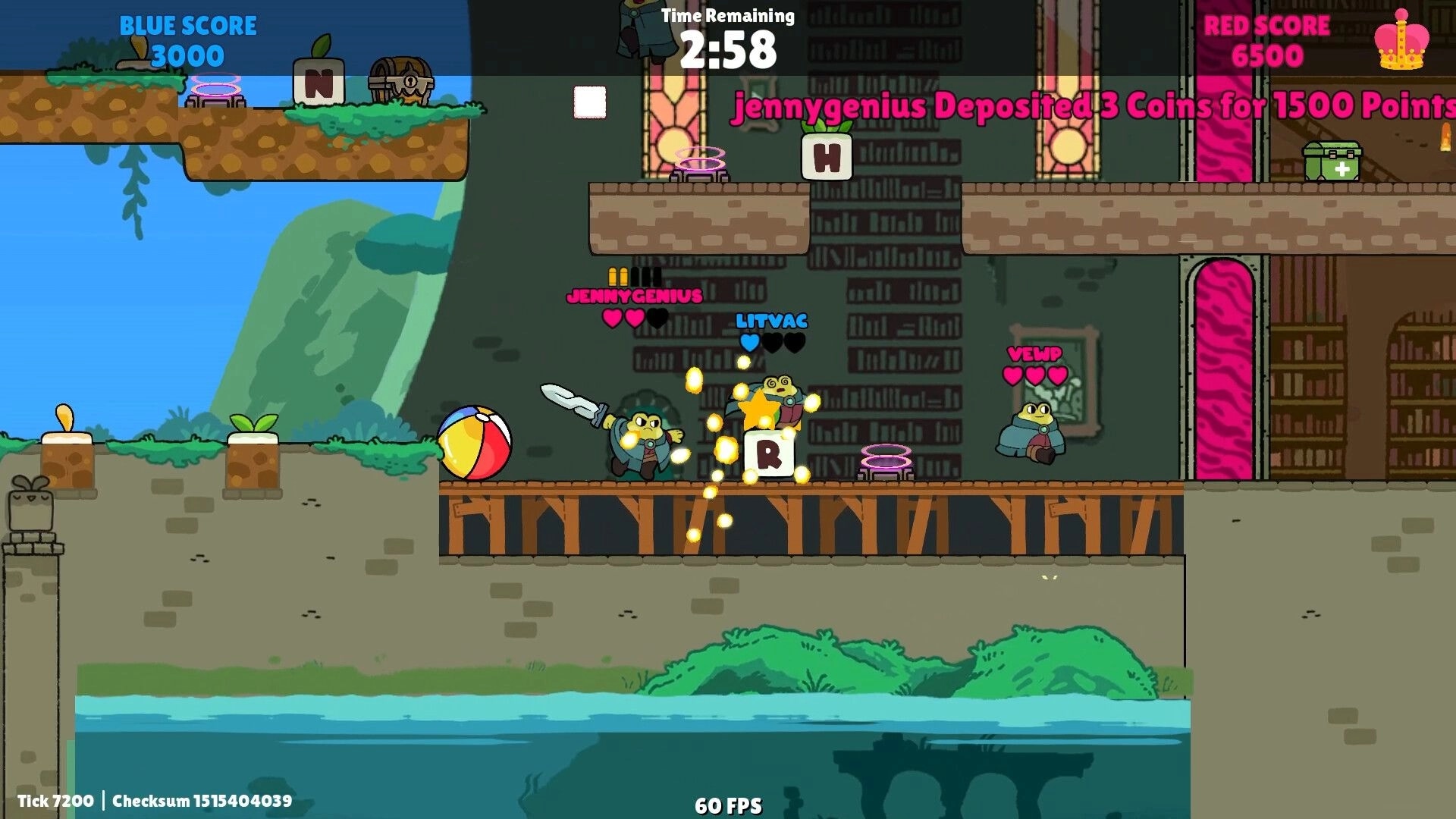Spellomancer: Characters battling with letters and coins on a wooden bridge in a colorful library setting