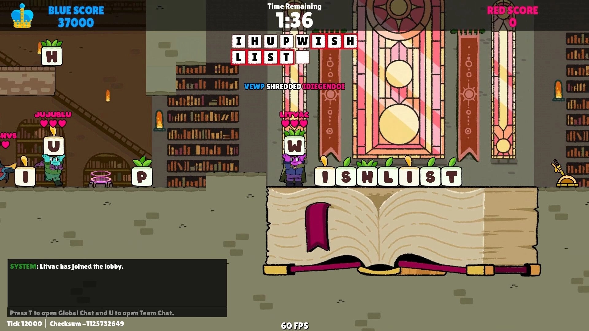 Spellomancer: Ju-Jublu and Litvac crafting words in a library with score and chat UI displayed