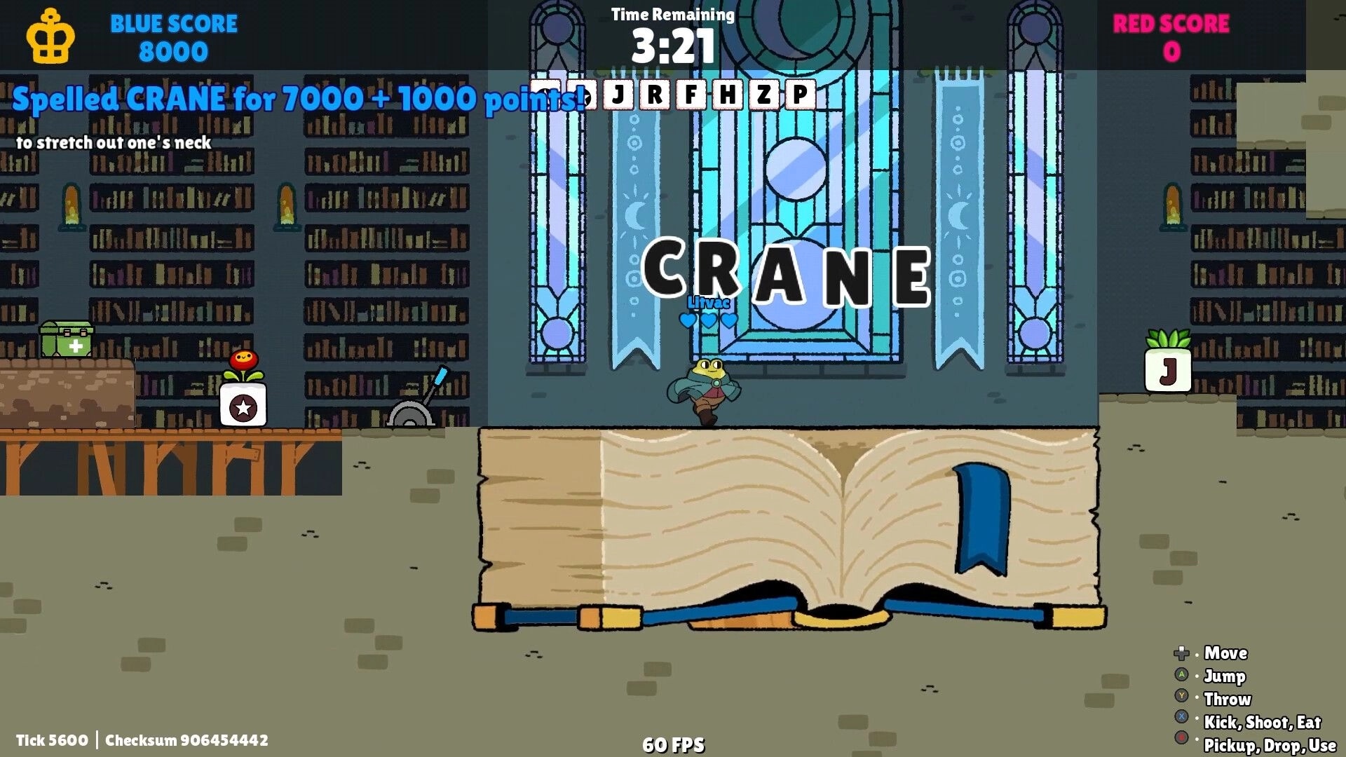 Spellomancer: Player spells "CRANE" for points in a library with open spellbook and stained glass window.