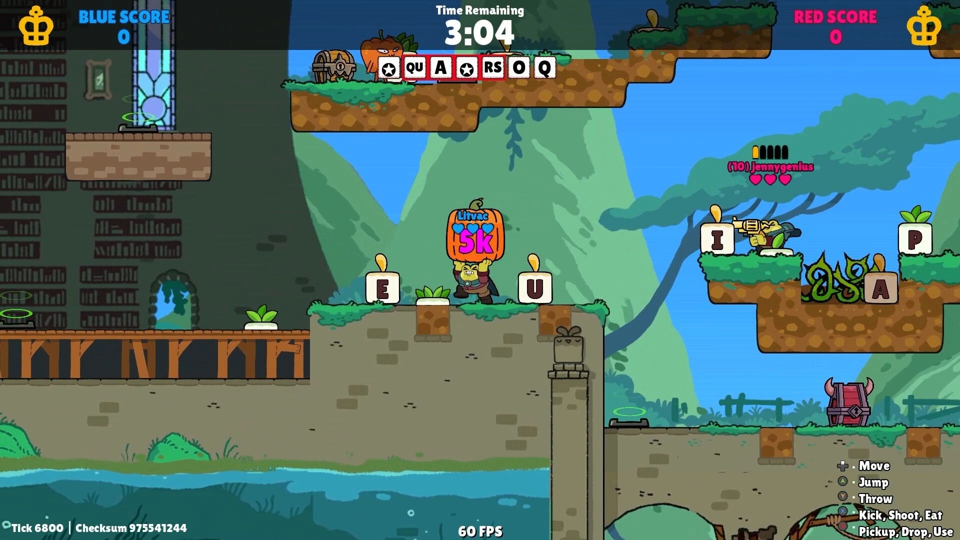 Spellomancer: Players collect letter tiles in a lush forest platformer level with scores displayed.