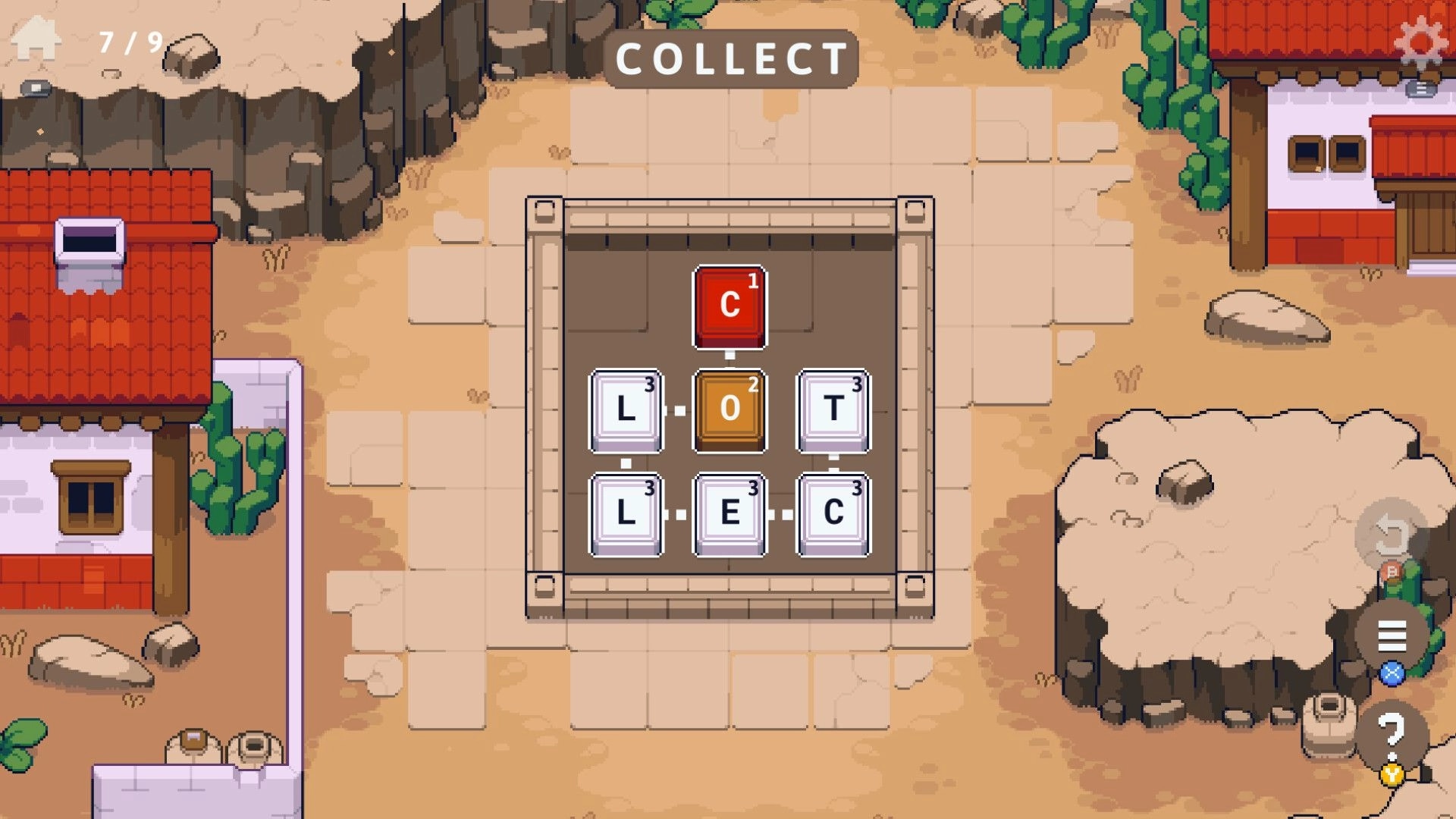 Spellsy: Word puzzle grid with tiles in desert village setting, featuring "COLLECT" at the top