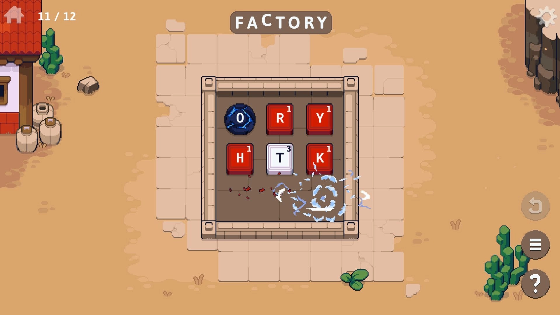 Spellsy: Tile-matching puzzle with letters and effects in a desert factory setting.