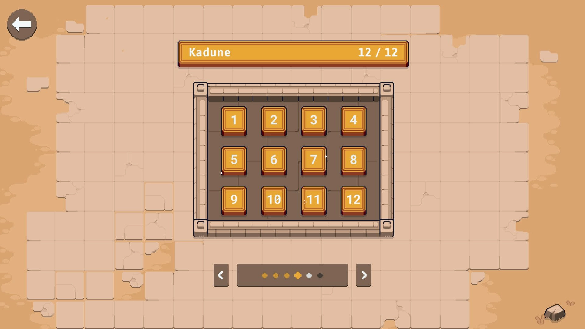 Spellsy: Level selection grid with numbered tiles and player name "Kadune" in sandy environment