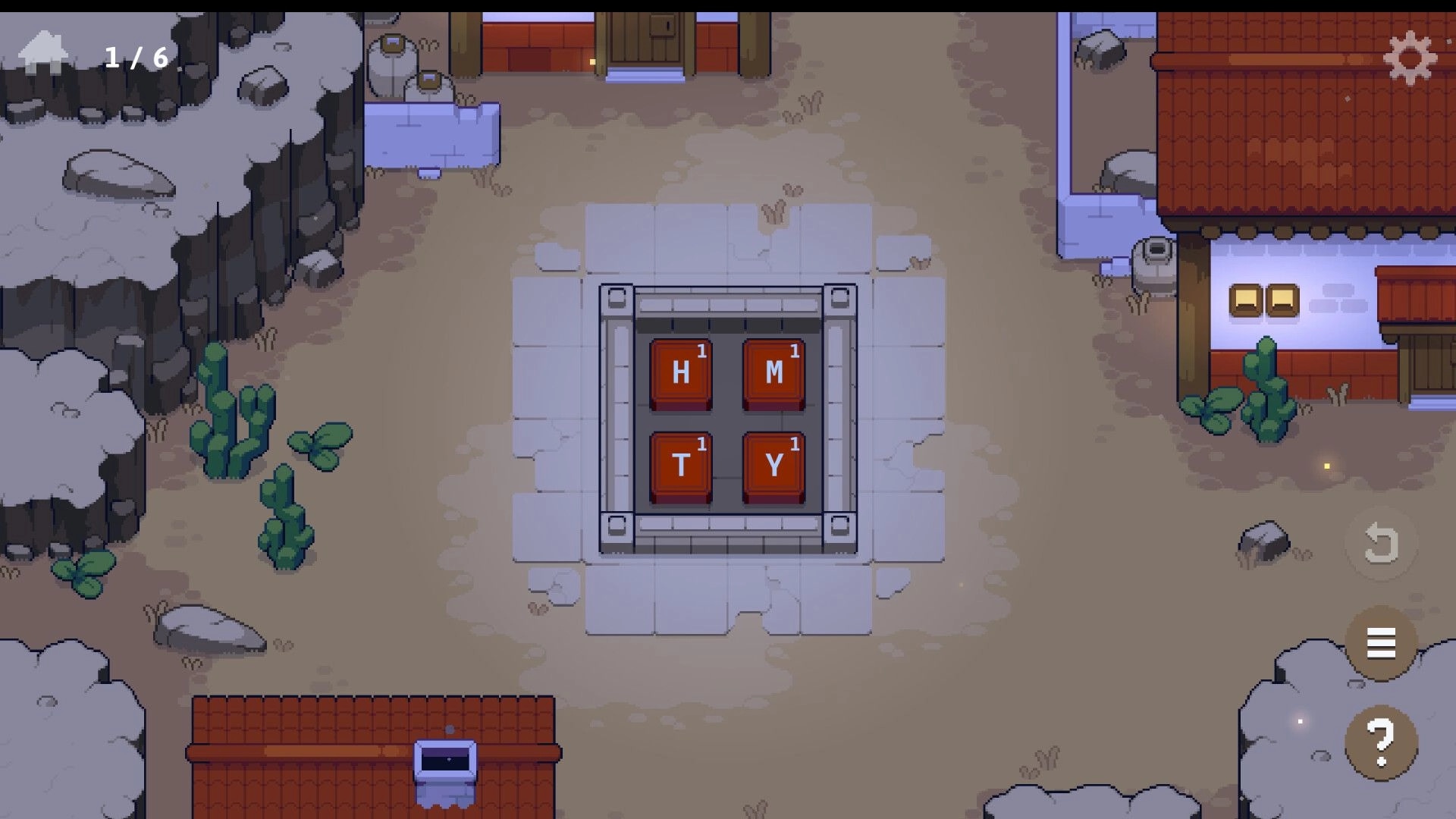 Spellsy: Central puzzle grid with letter tiles "H", "M", "T", "Y" in a desert-themed village setting