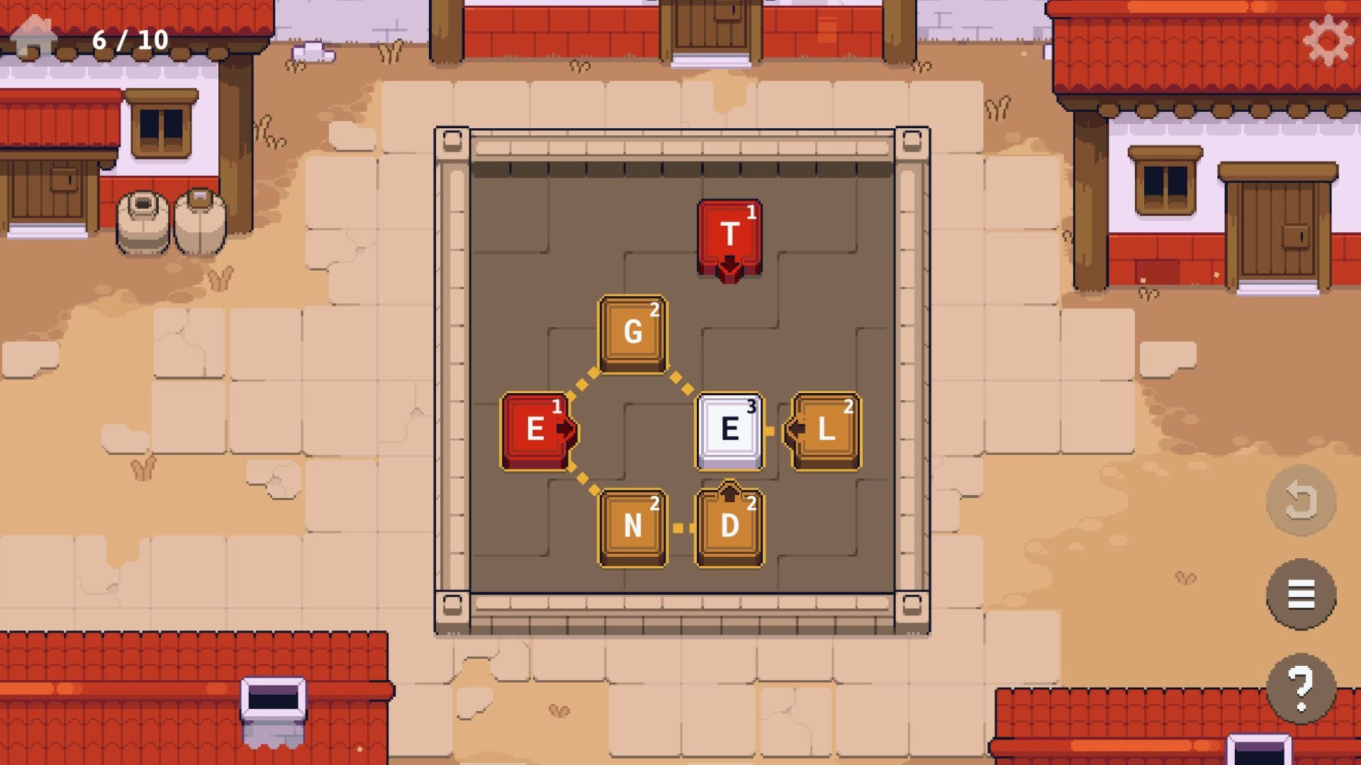 Spellsy: Puzzle board with letter tiles forming a word chain in a rustic village courtyard setting.