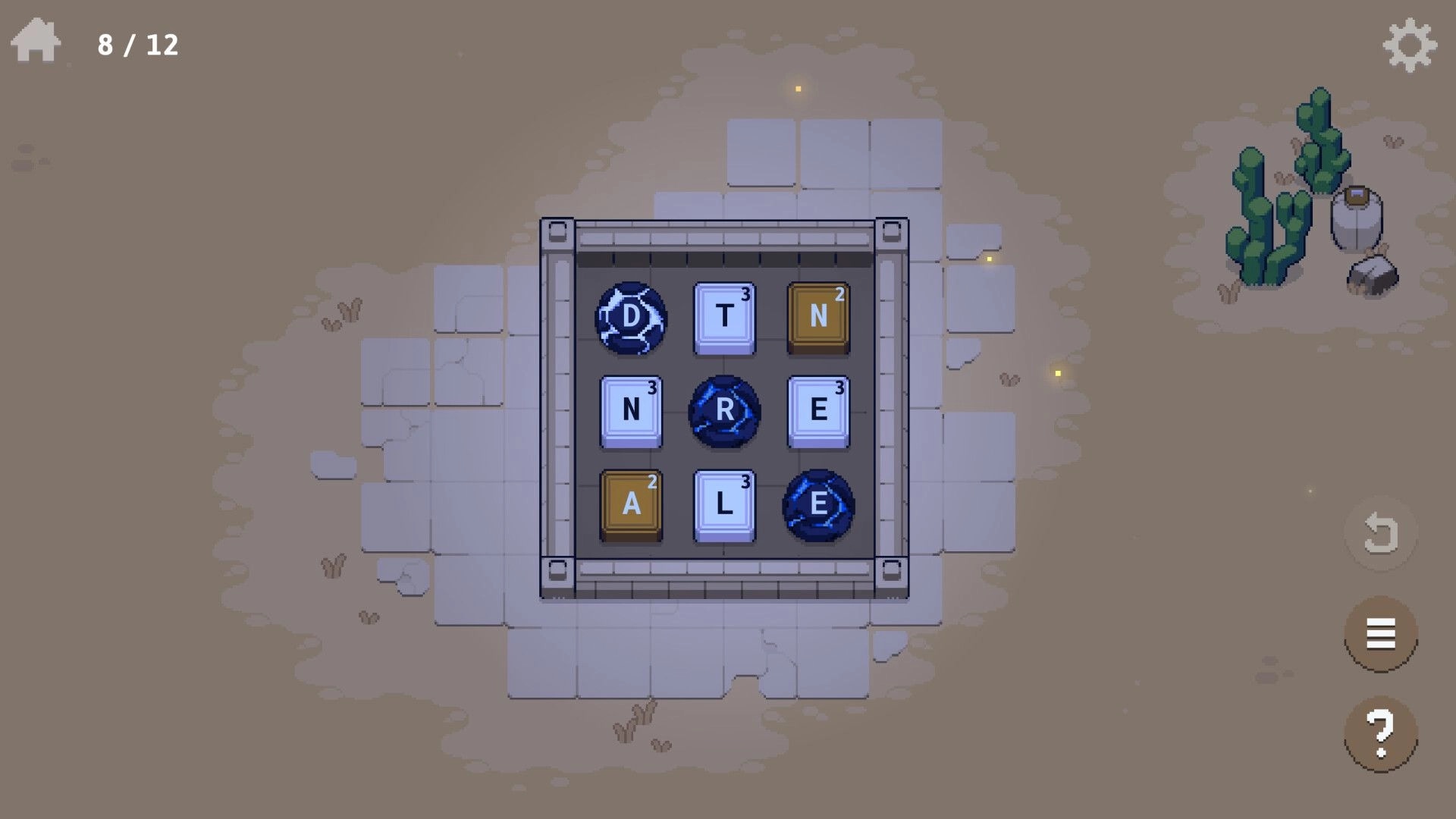 Spellsy: Puzzle grid with letter tiles on a sandy background, interface buttons on the right side.