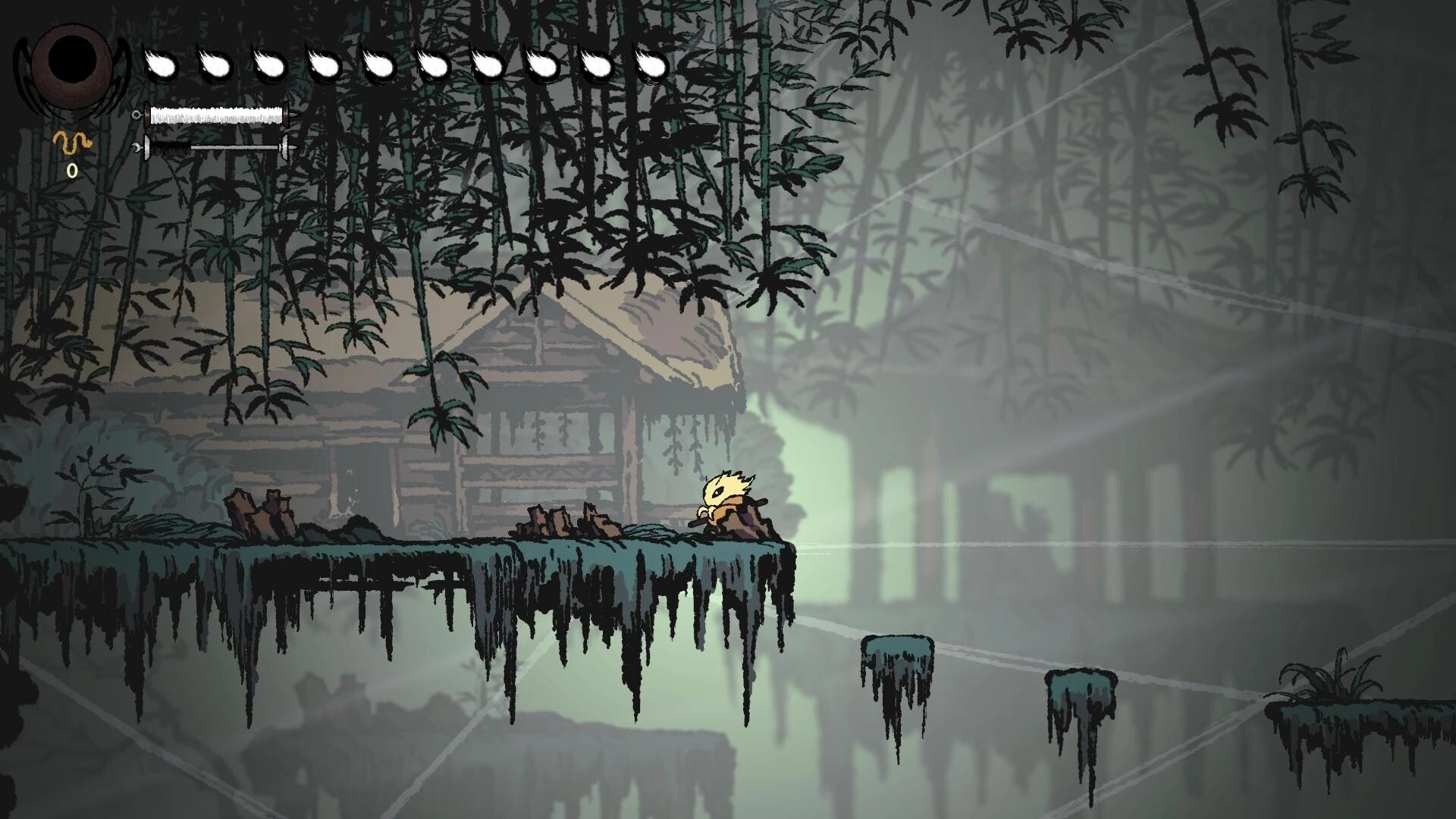 Spider Dynasty: Character navigates platforms in a misty forest with UI health and silk indicators visible.