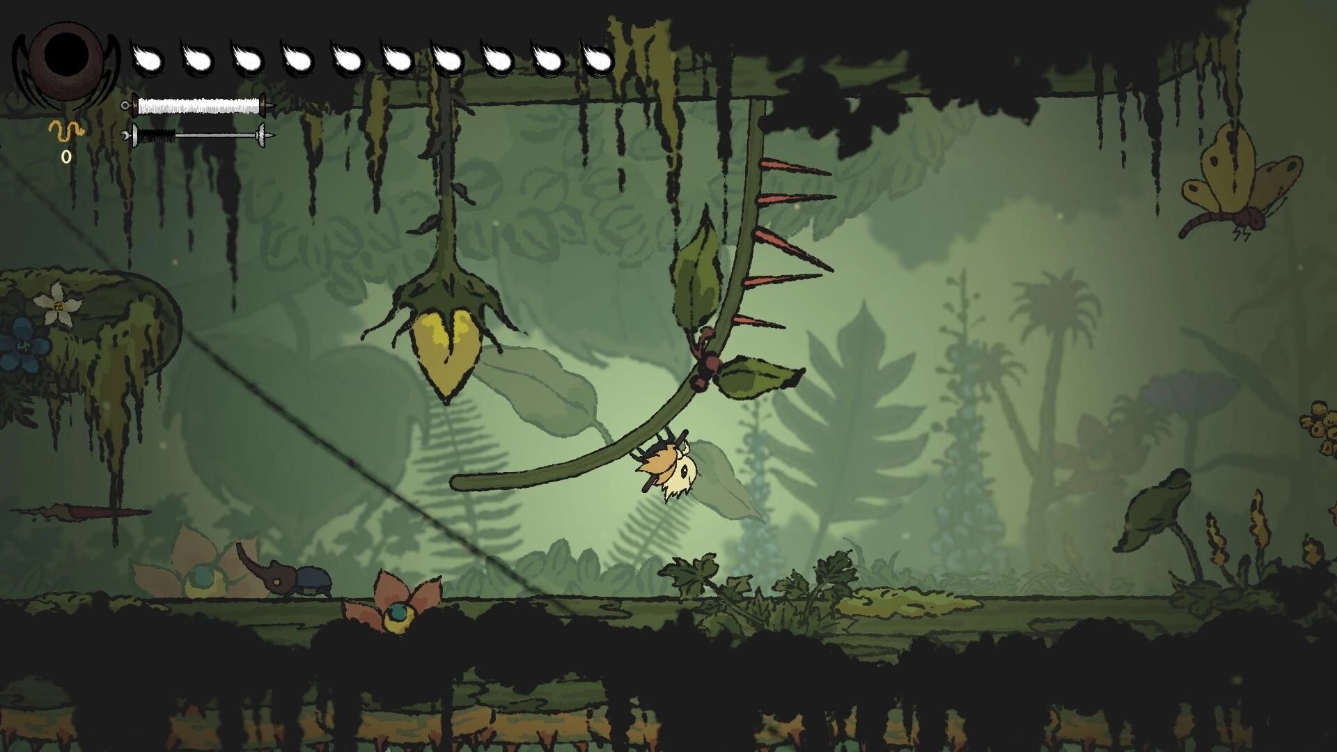 Spider Dynasty: Character swinging on web in lush forest with spikes and health bar visible