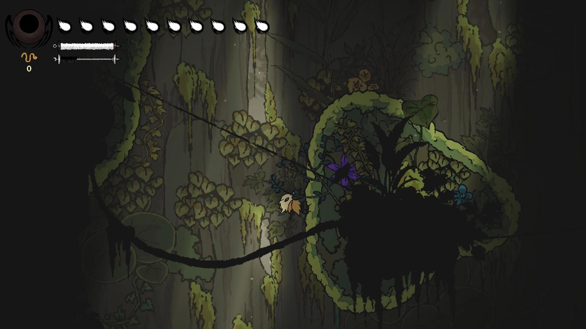 Spider Dynasty: Character on branch in lush forest with health bar and silk meter on screen