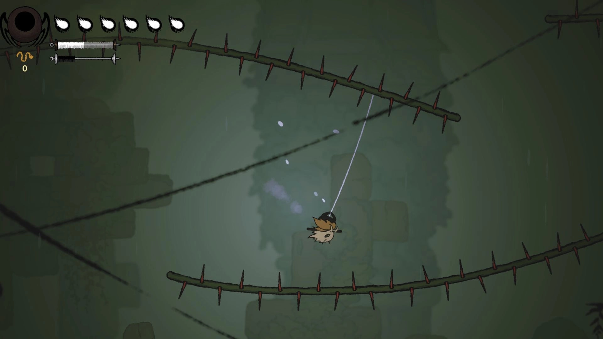 Spider Dynasty: Character swings between thorny webs in a dim forest with health bar in view