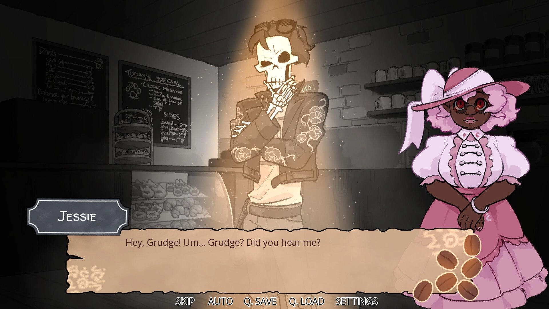 Spill the Beans: Jessie speaks in dialogue box beside a skeleton man in a cozy cafe interior.
