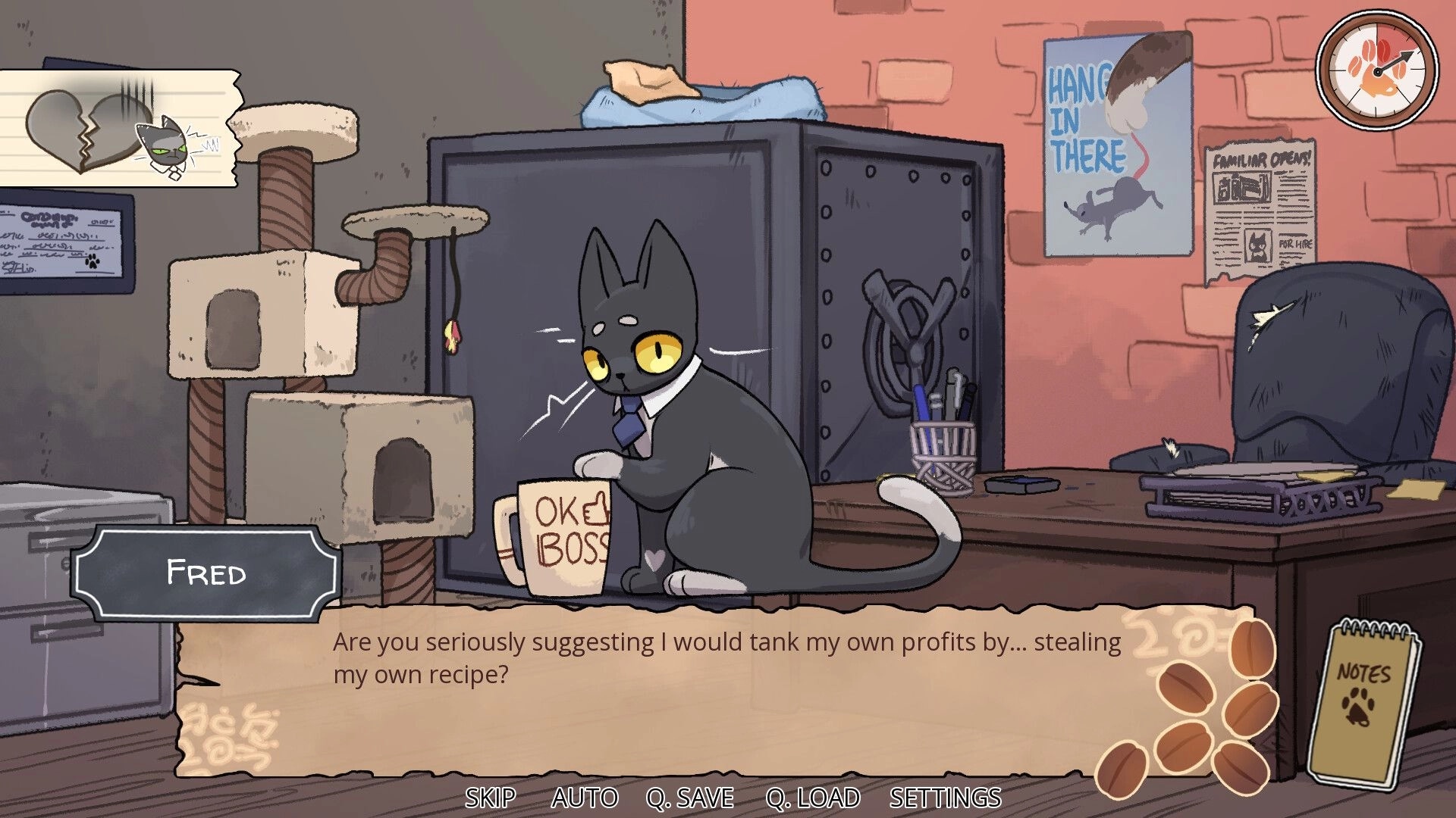 Spill the Beans: Fred the cat in a tie talks in dialogue UI beside a desk and safe in office.