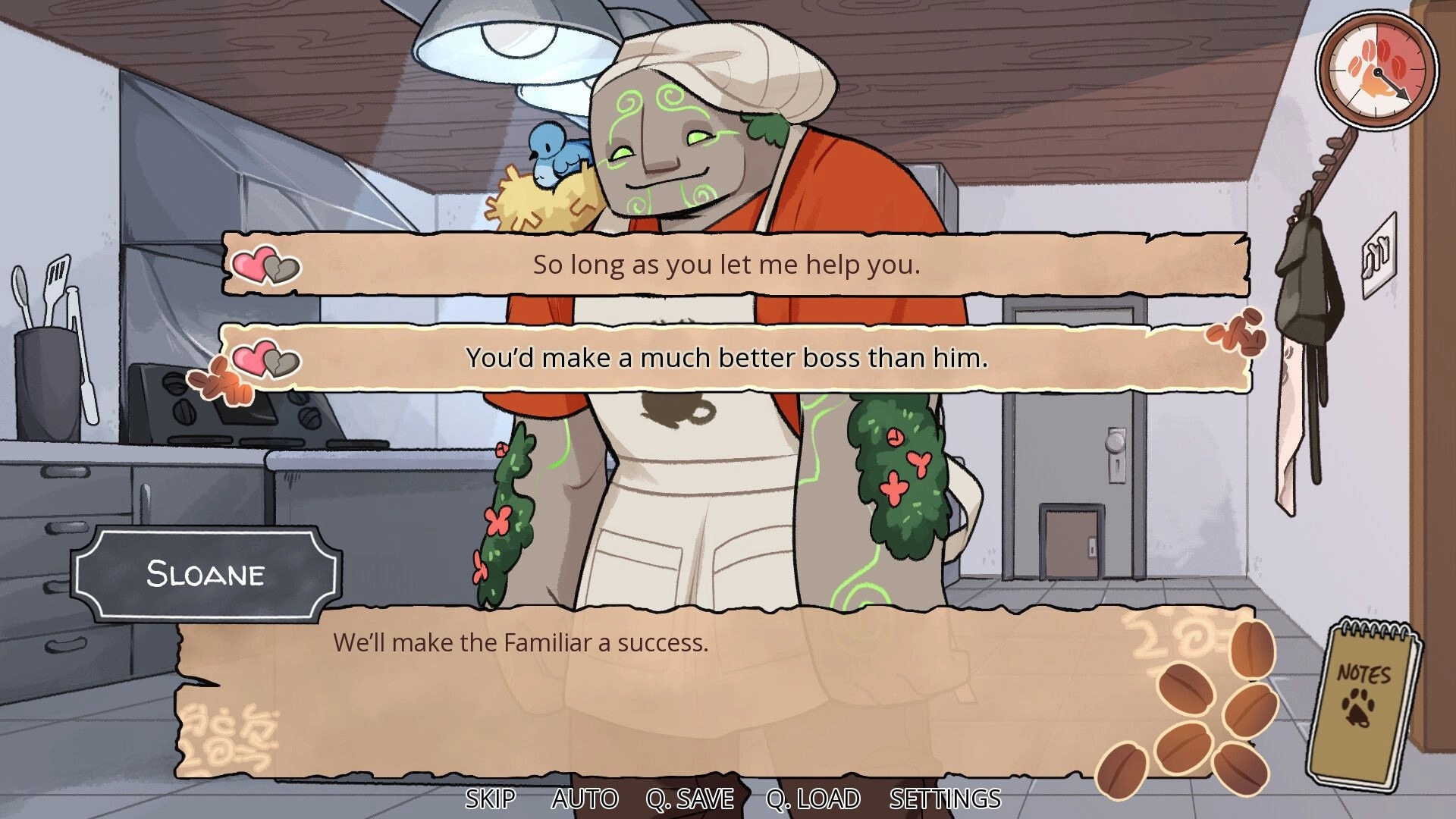 Spill the Beans: Dialogue choice with Sloane in apron, two options over a restaurant kitchen scene.