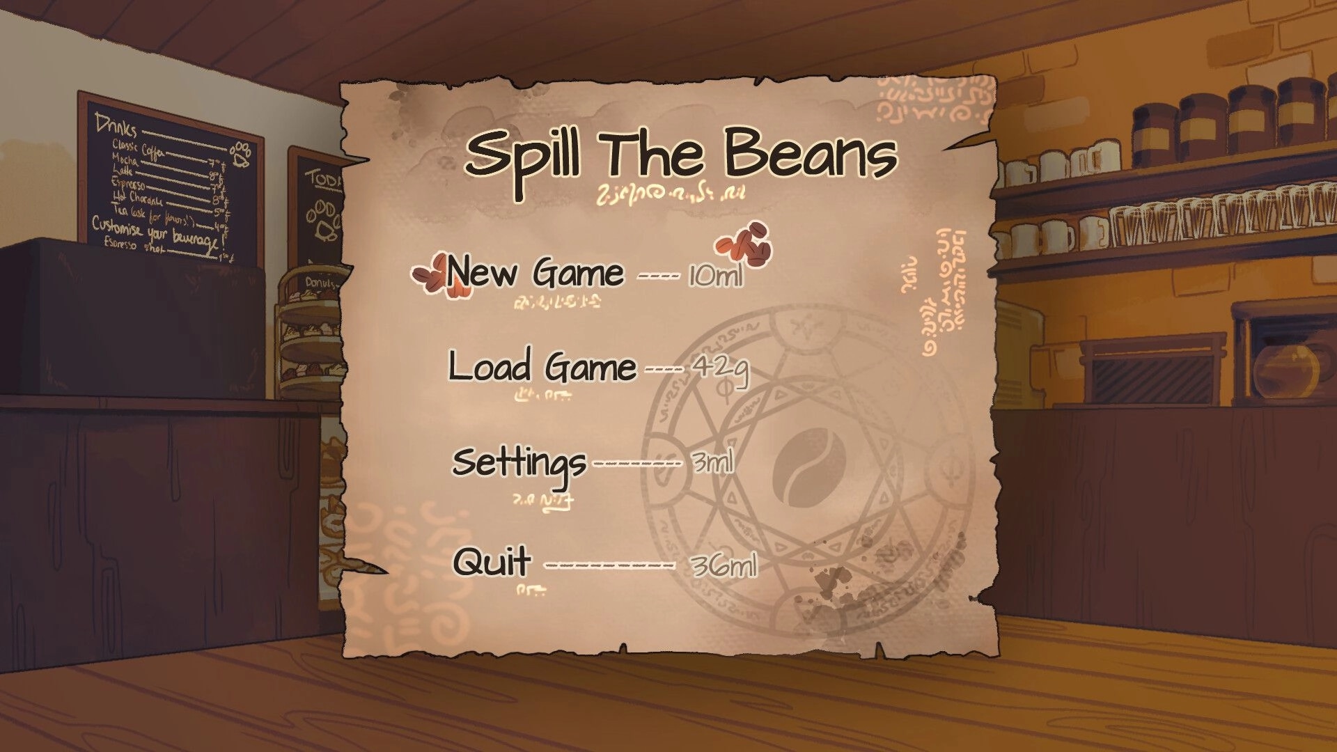 Spill the Beans: Main menu with New Game, Load Game, Settings, Quit over a cozy cafe backdrop.