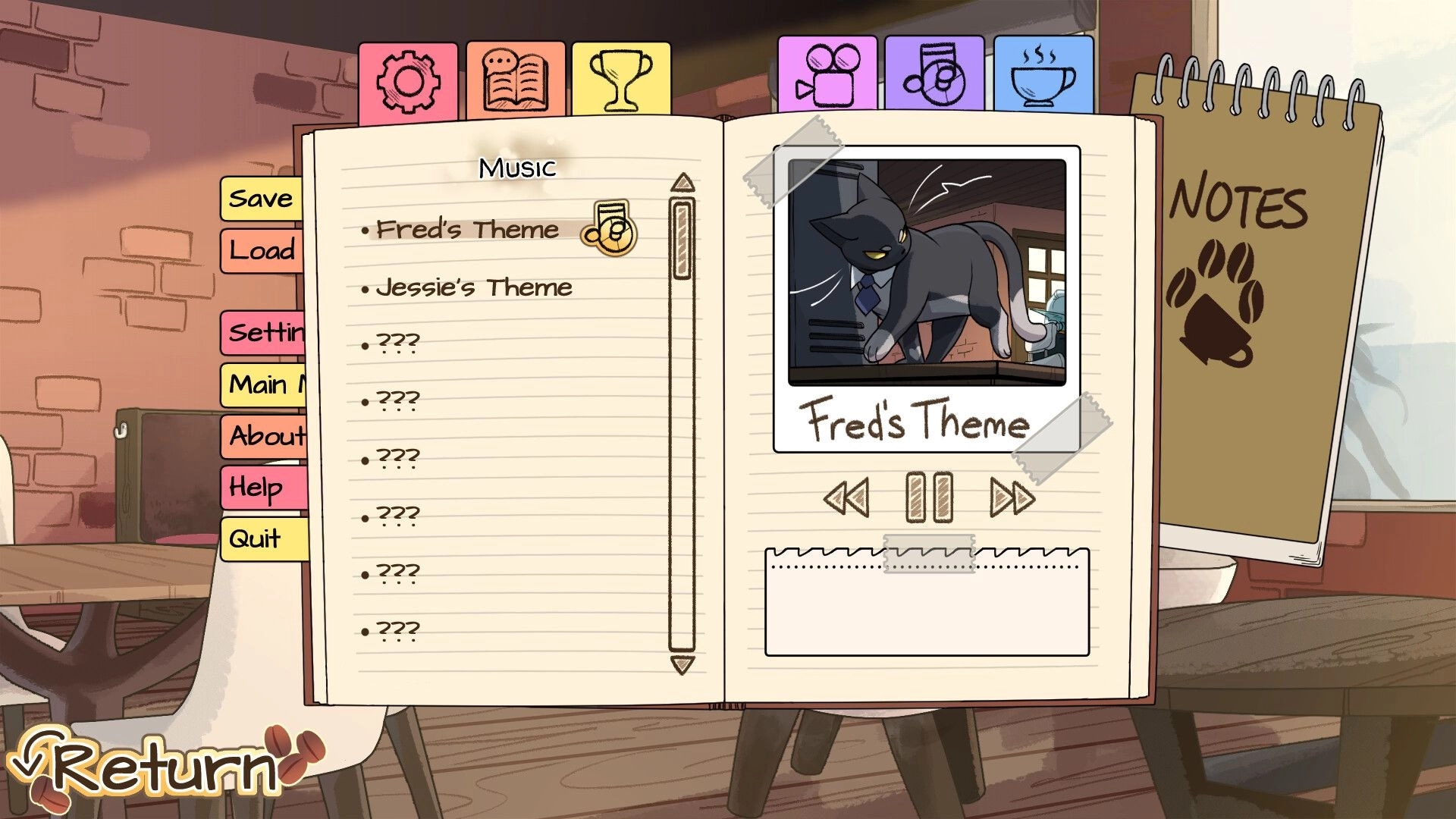 Spill the Beans: Music menu open on Fred's Theme with cat artwork and save/load sidebar UI.