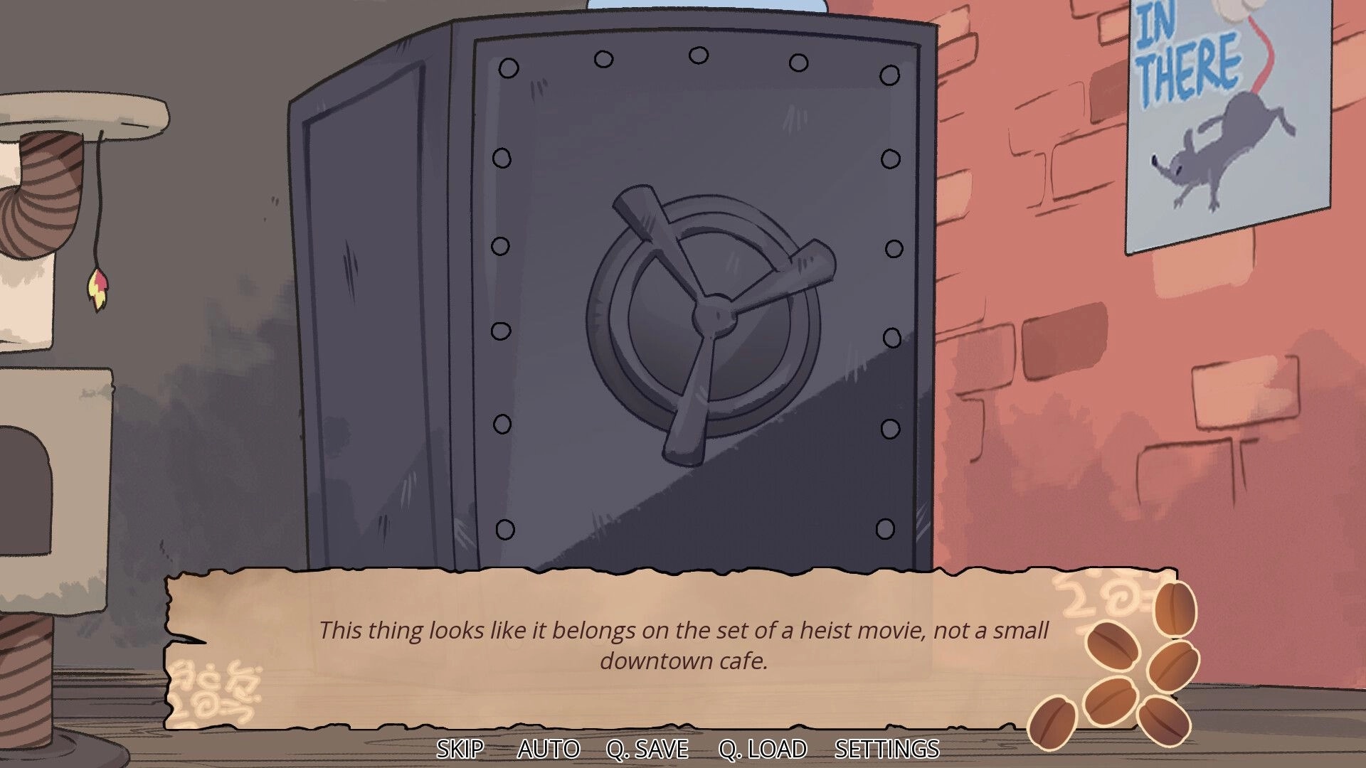Spill the Beans: Dialogue UI over a large metal safe door inside a cafe with brick wall poster.