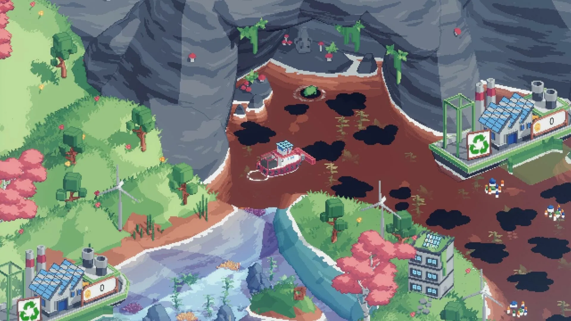 Spilled!: Boat cleaning ocean waste near recycling plant in colorful coastal landscape with trees and cliffs